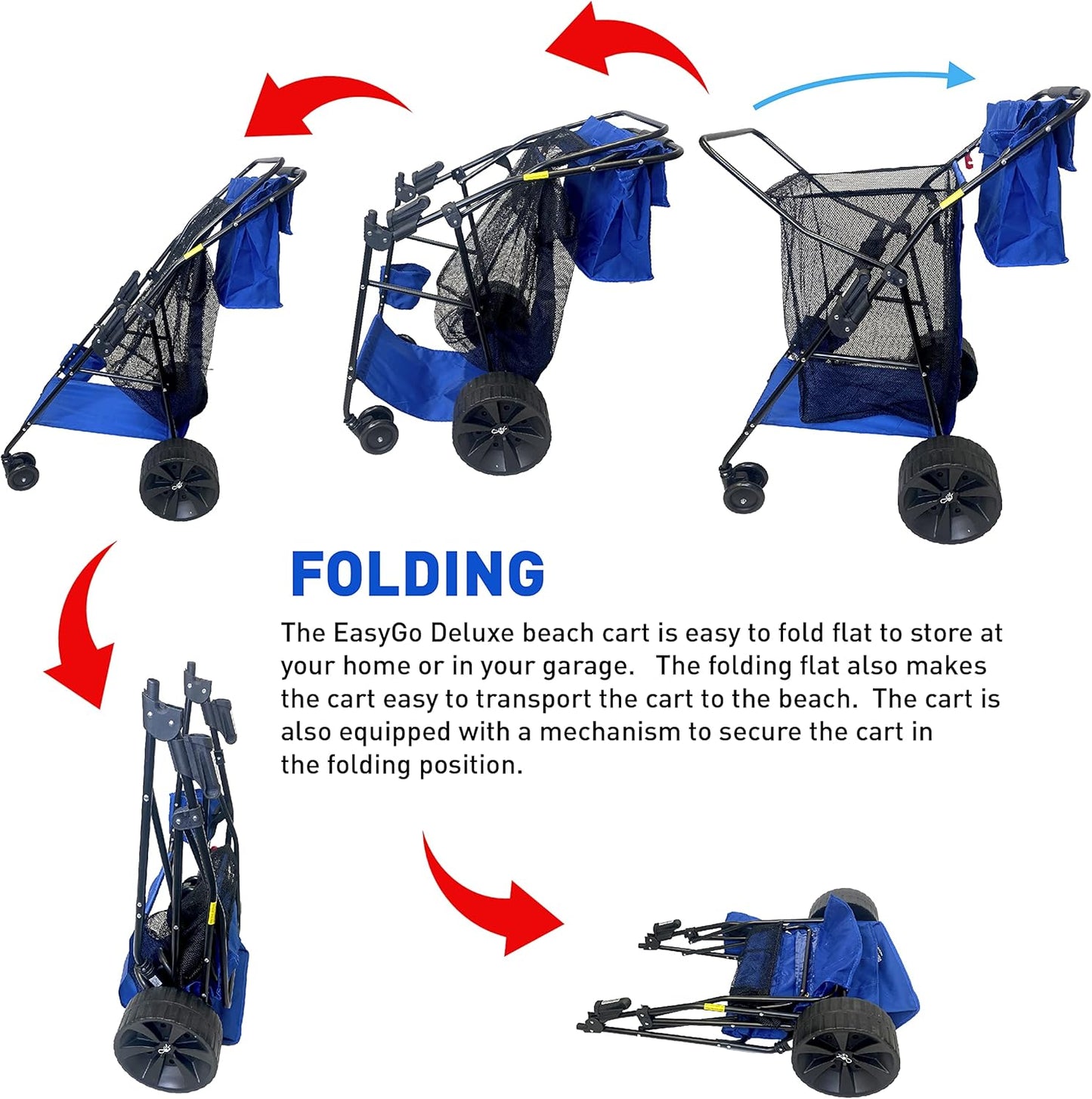 Beach Umbrella Wagon Cart Deluxe – Heavy Duty Folding Ocean Utility Cart – Large Sand Wheels – Holds 4 Beach Chairs – Storage Pouch -Holder –Removable Bag - Solid Blue