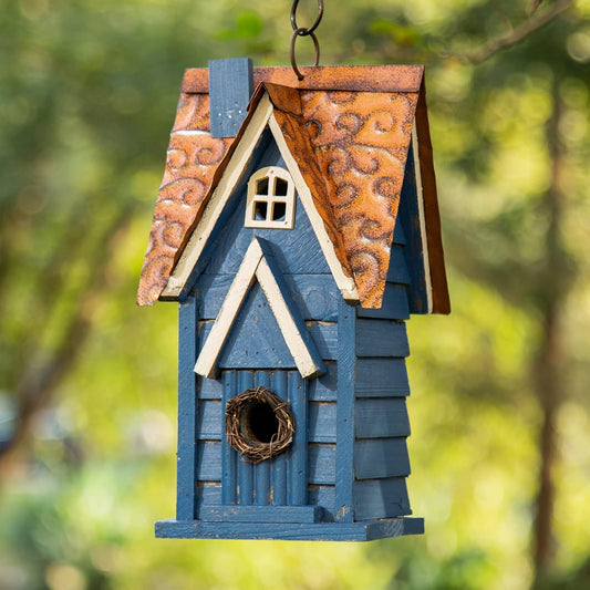Glitzhome Vintage Hanging Birdhouse - Retro Blue Distressed Wooden Cottage Garden Bird House for Small Birds Garden/Patio Rustic Decor (12" H)