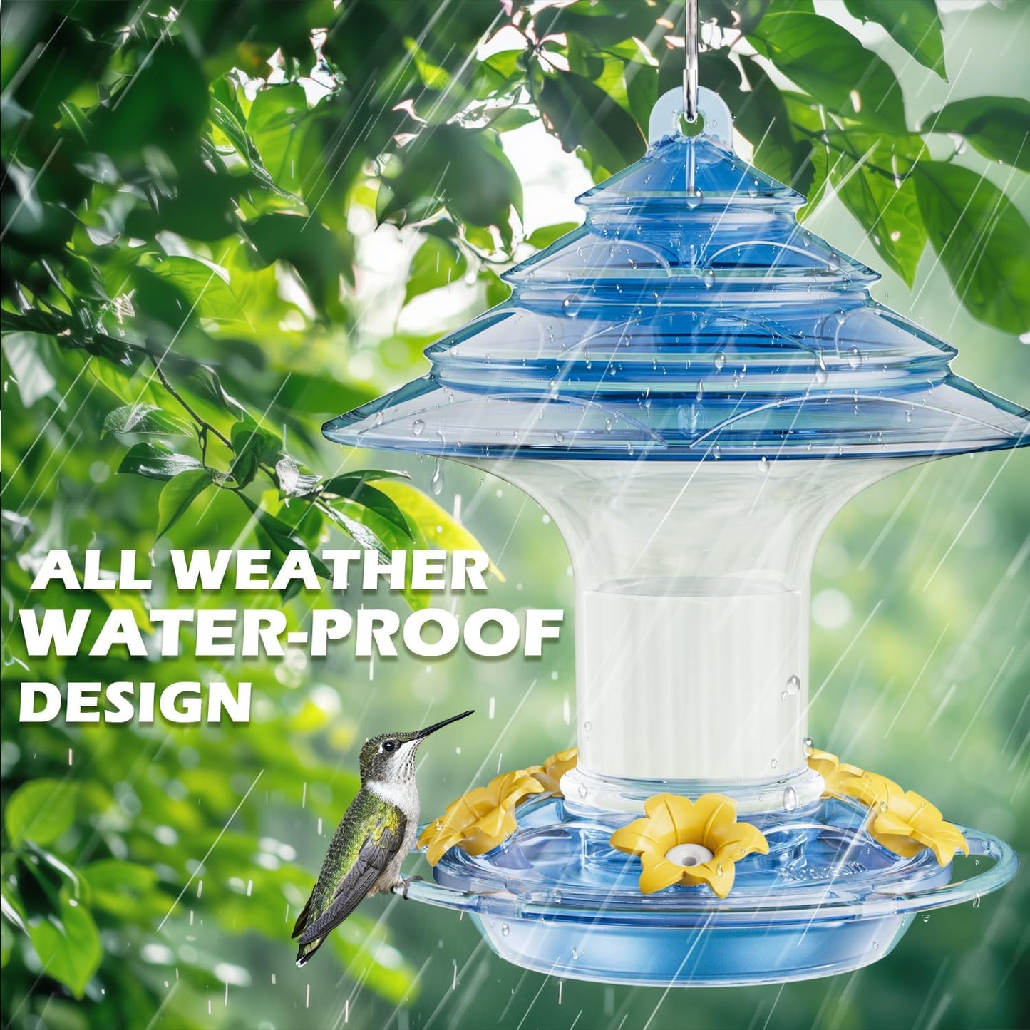 Birdream Hummingbird Feeder for Outdoors Hanging, 20 OZ Humming Birds Feeders with 5 Bee Guard Feeding Ports & Built-in Ant Moat and Brush, Bird Feeder for Outside, Gifts for Women - Blue