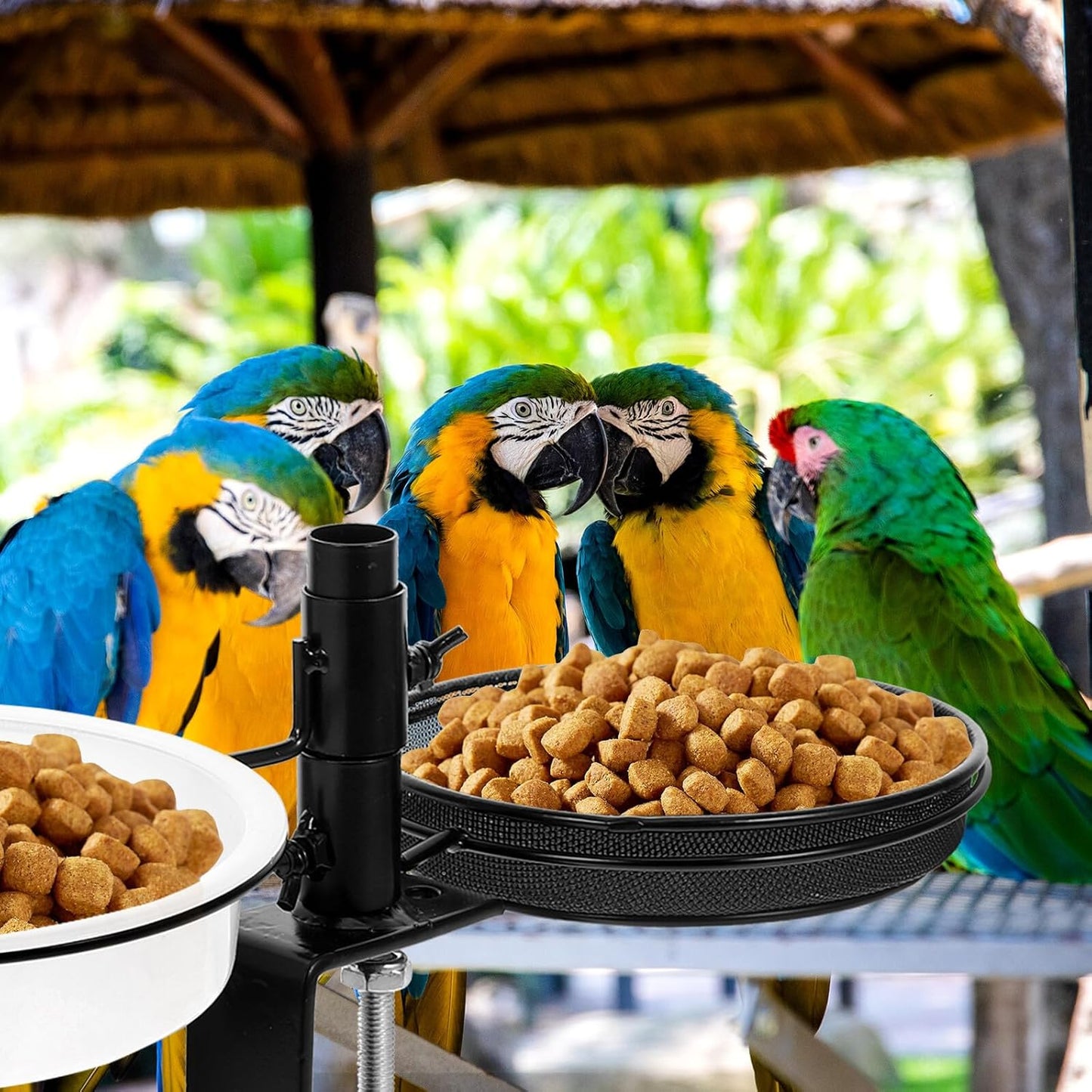 PRETYZOOM Metal Bird Feeder Stand with Mesh Tray Deck Mount Bird Food Holder and Washable Water Container for Garden