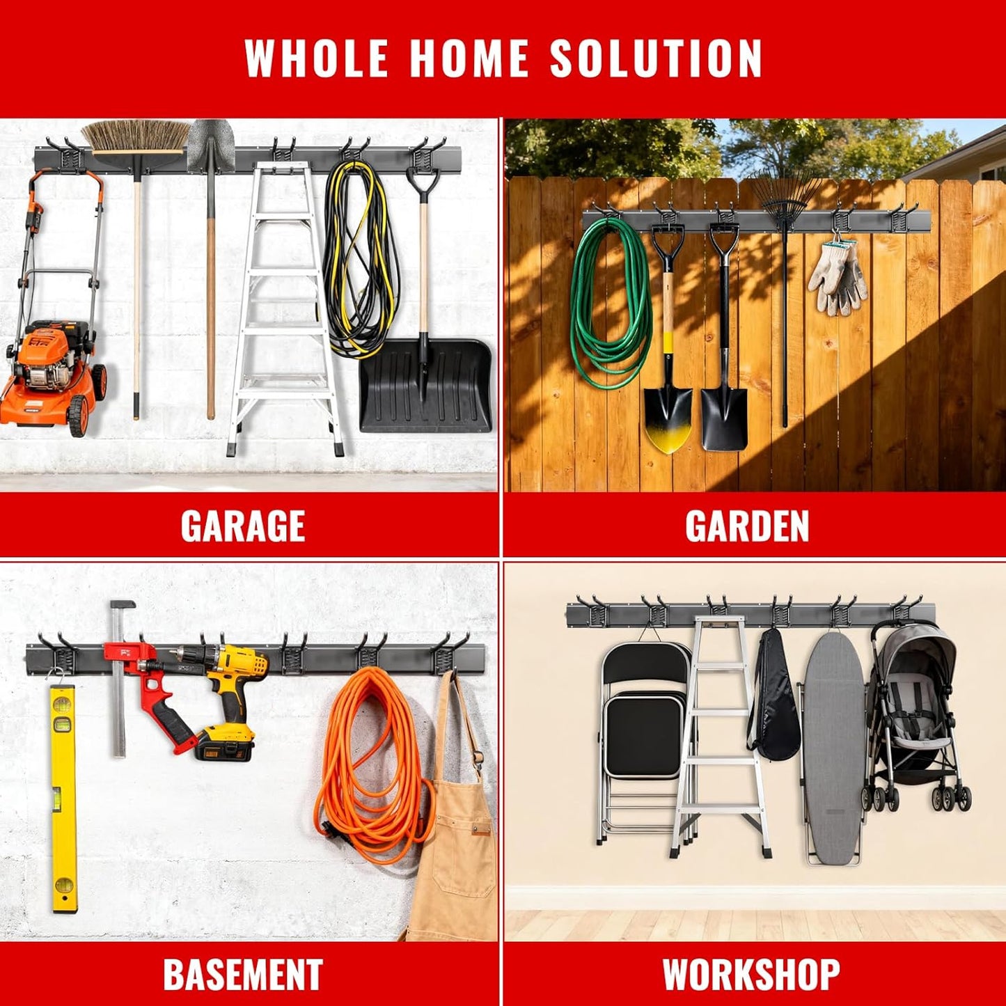 Garage Tool Organizer Wall Mount, Easy to 48inch Install Heavy-Duty Garage Storage System with 6 Adjustable Double Layer Hooks, Garden Tool Rack for Shovels, Rakes, Yard Tools