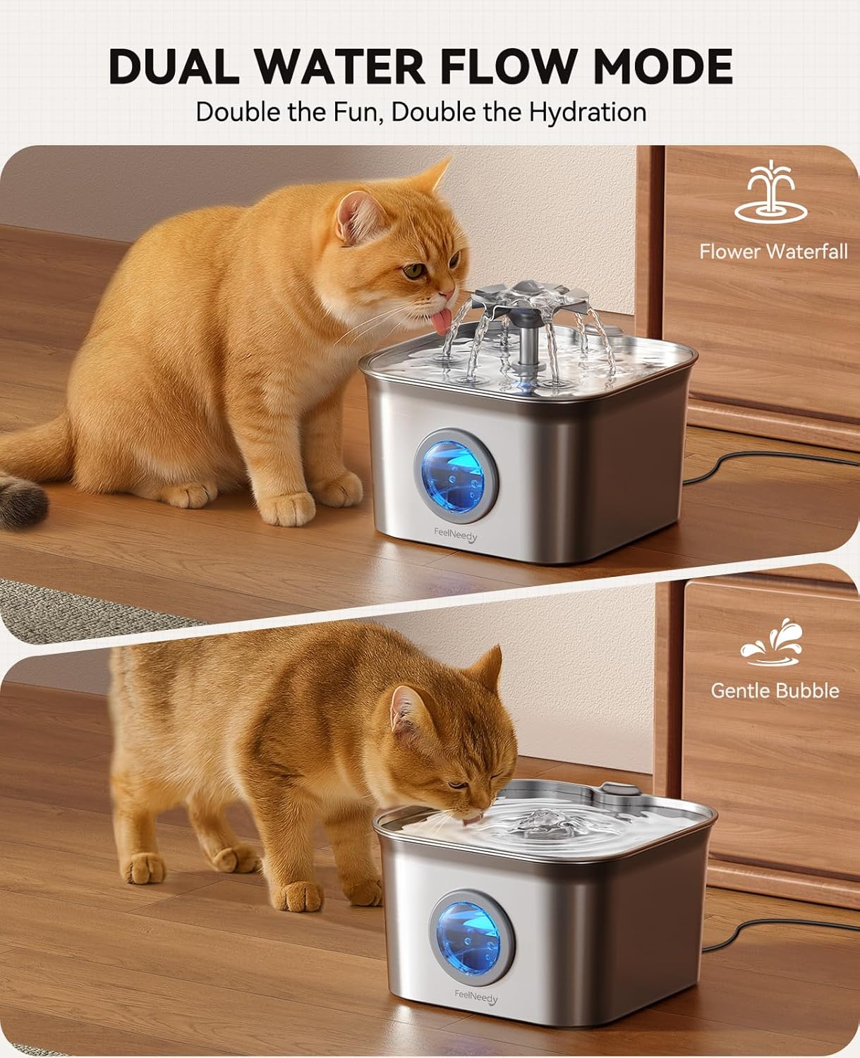 Stainless Steel Cat Water Fountain, 2.8L with 20dB Ultra-Quiet Pump- I