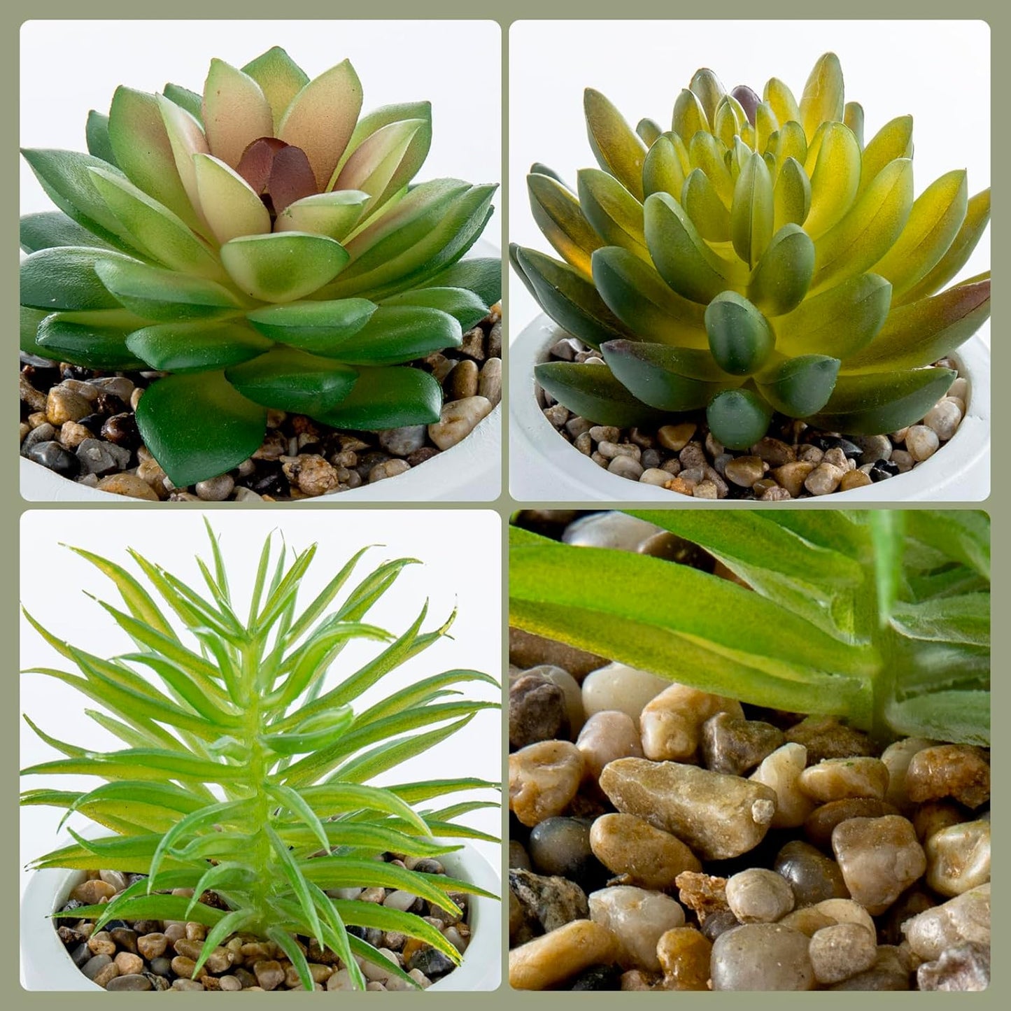 MyGift Assorted Artificial Succulent Plants - Decorative Fake Desert Plants with Pebble Fillers in White Ceramic Pots with Bamboo Saucers, Set of 3