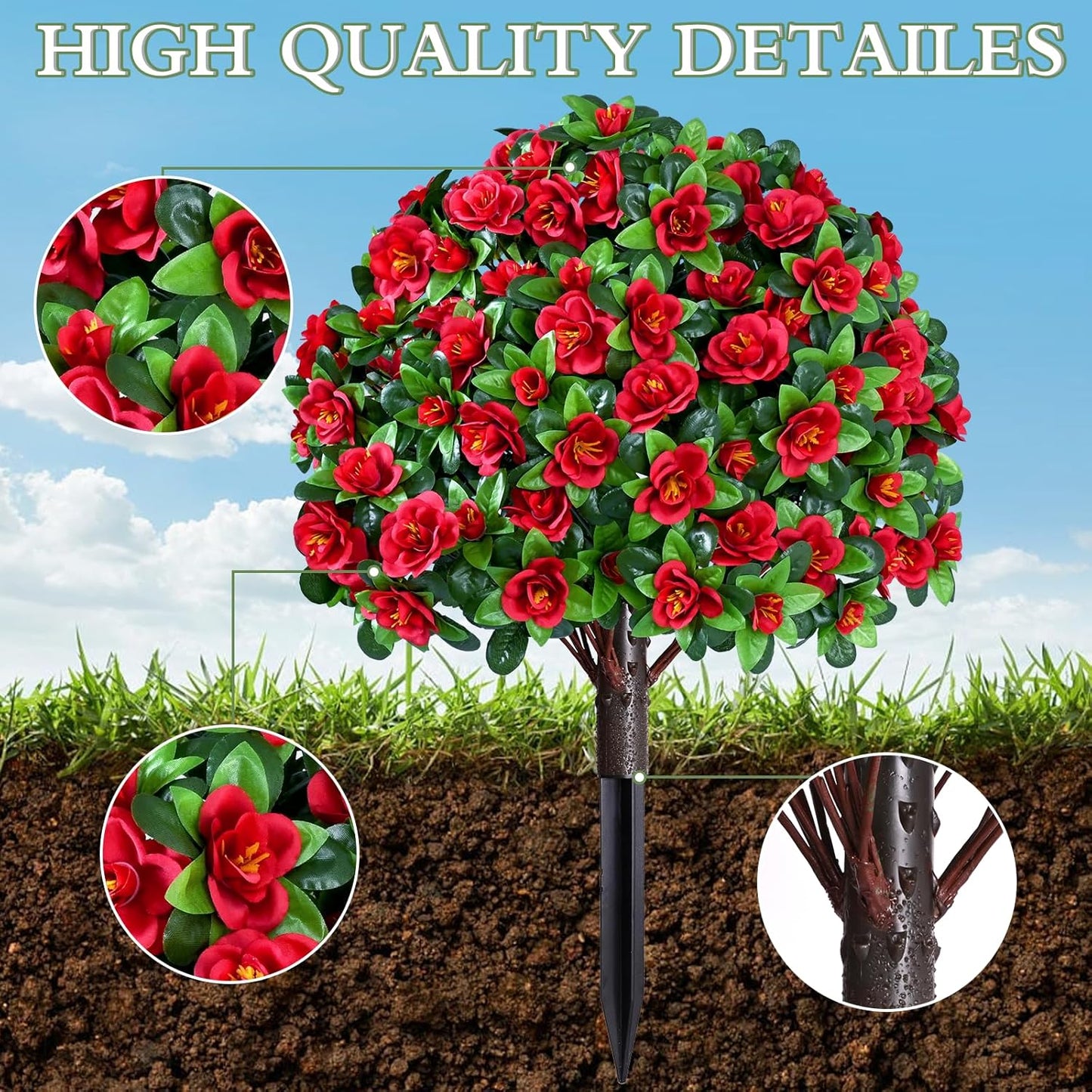 Waipfaru 2 Pack Artificial Flowers Topiary Ball Trees for Outdoors, 24" Fake Bushes Plants, UV Resistant Faux Shrubs with Ground Spike for Front Porch Planters Patio Garden Yard Decor(Red)