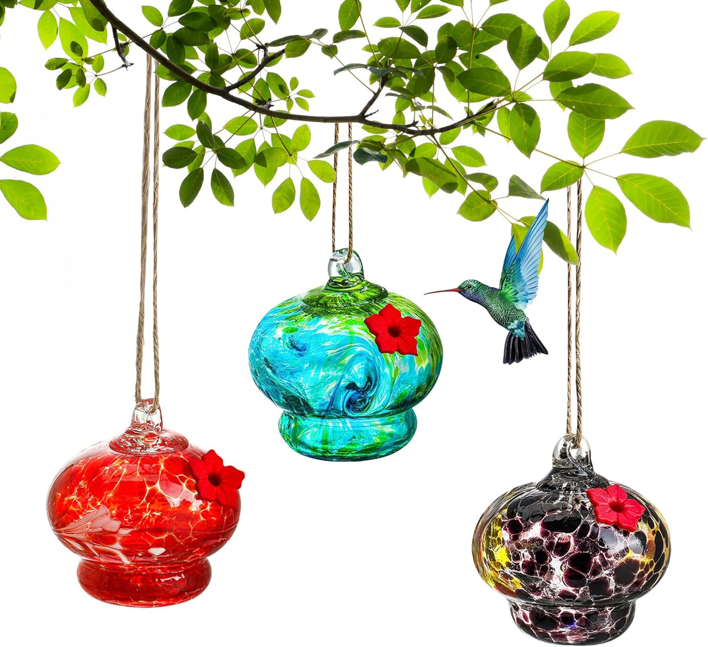 3 Pack Glass Hummingbird Feeders for Outdoors 3in Small Hand Blown Glass Bird Feeder with Flower Feeding Ports for Backyard Garden Decorations