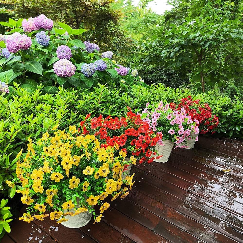 Artificial Faux Plants Flowers Outdoor Spring Summer Decoration, 6 Bundles Faux Silk Flower Mix Daisy Eucalyptus,UV Resistant Plastic Plants & Flowers for Garden Home Pot Planters Decor (6, Mix)