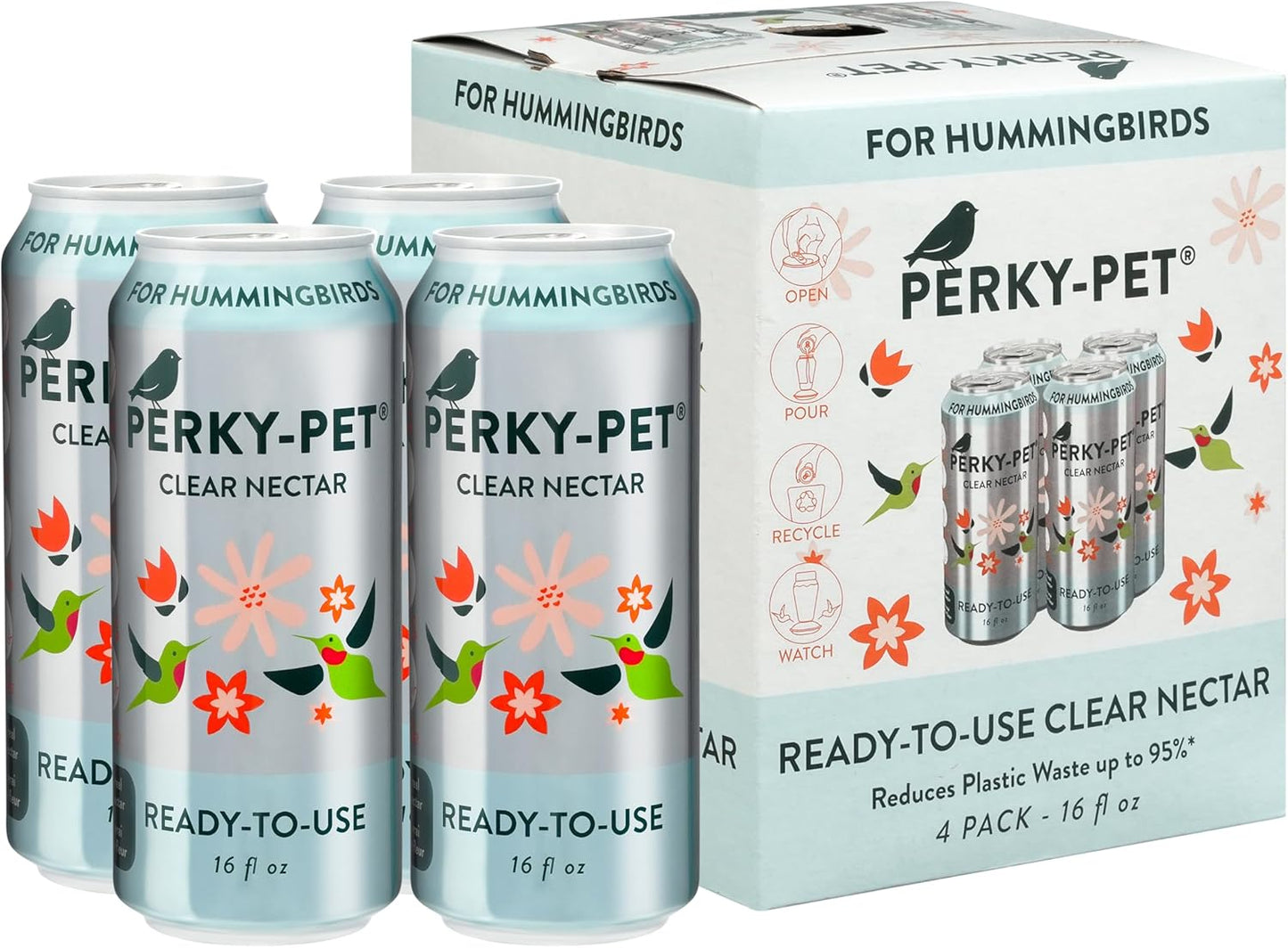 Perky-Pet 203CPBN Pinch Waist Glass Hummingbird Feeder + Perky-Pet 522 Ready-to-Use Clear Hummingbird Nectar in 4 Cans, 16 oz Each Recyclable Aluminum Can
