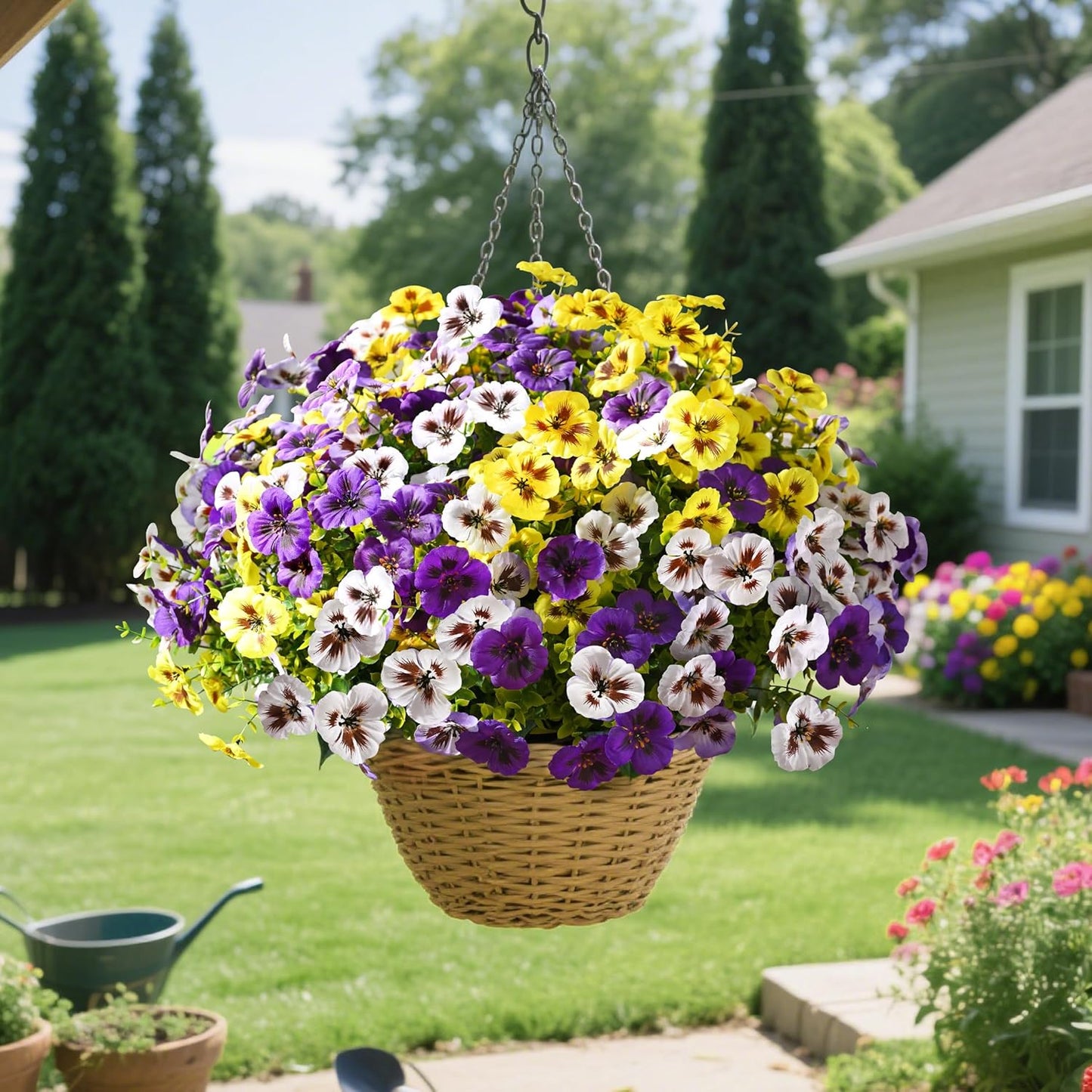 Waipfaru 36 Bundles Artificial Pansy Flowers for Outdoor, UV Resistant Faux Silk Flowers for Outdoor Planters Front Door Porch Yard Patio Window Box Home Decor (Purple, Yellow, White)