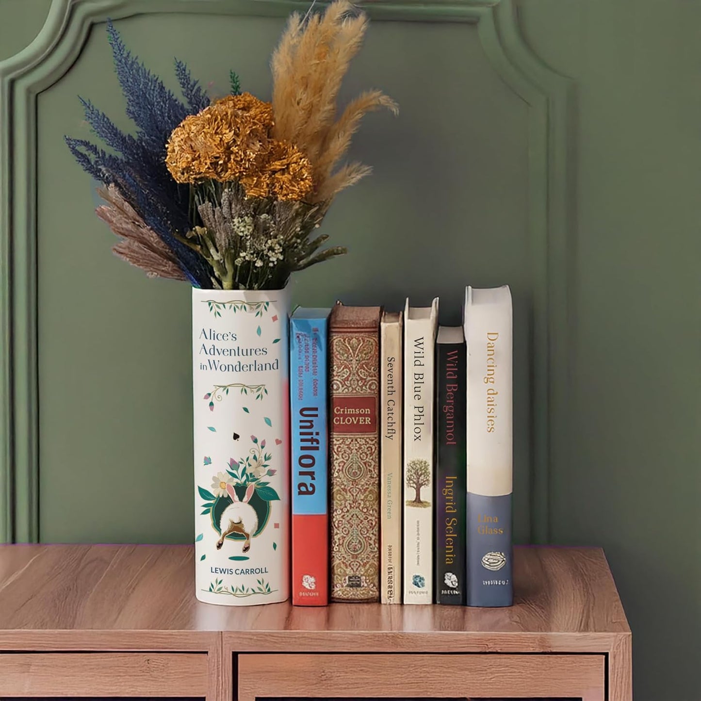 H&H Alice's Adventures in Wonderland Book Vase for Flowers + Bookmark - Lewis Carroll - Large Ceramic Book Planter Pot - Alice in Wonderland Bookish Decor - Bookish Gifts - Bookshelf Vase for Flowers