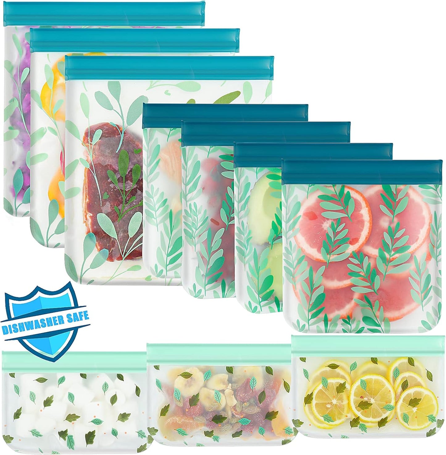 10 Pack Dishwasher Safe Reusable PEVA Food Storage Bags, Leak proof Re