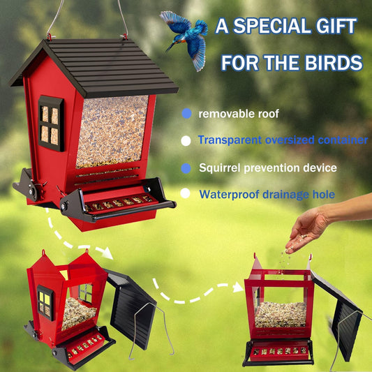 LSCQYYCCSquirrel Proof Bird Feeders for Outdoors Hanging, 5LB Capacity Metal Wild Birdfeeders Outside Hanging,Large Feeder That Attracts Cardinals, Chickadees, and More Birds-One in red