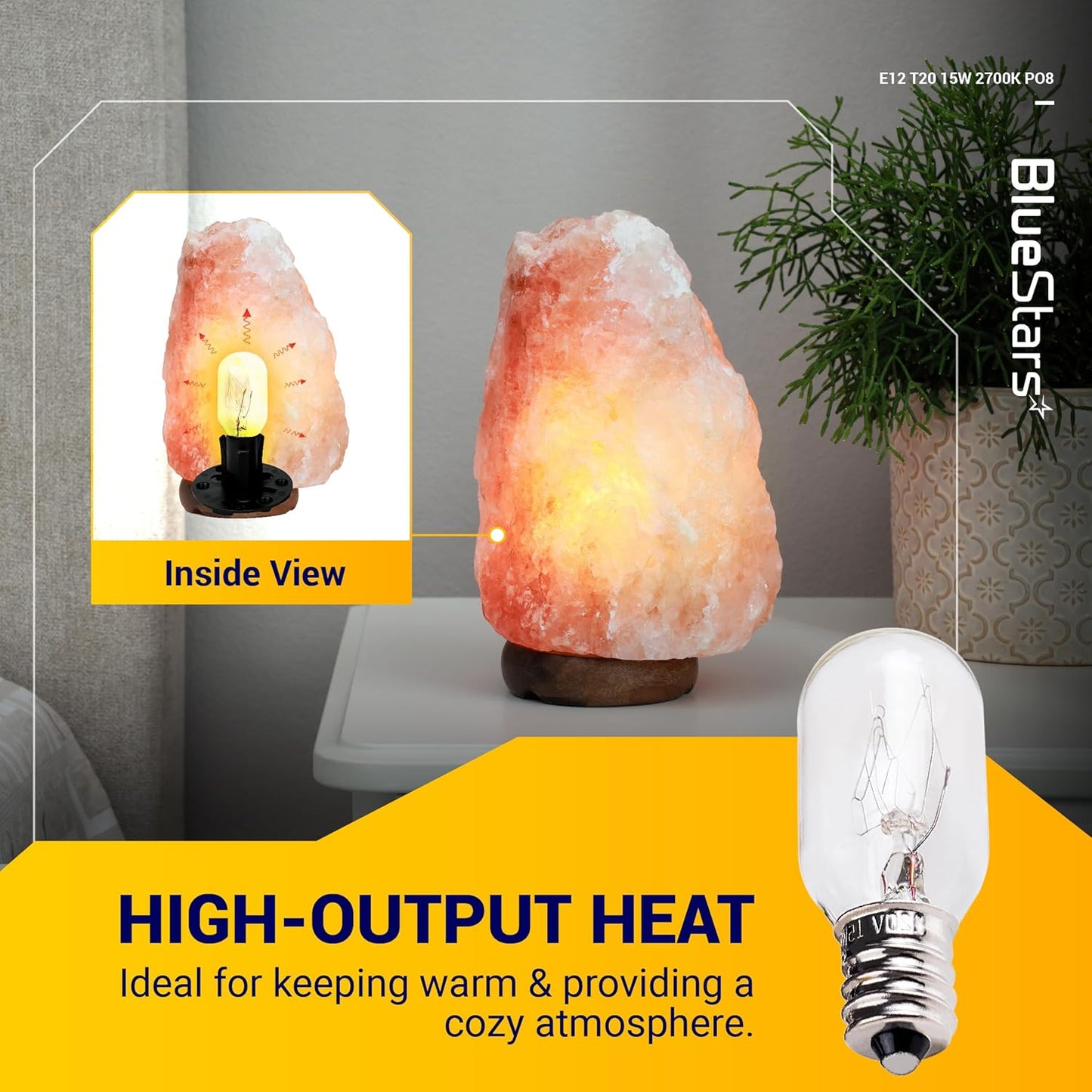 BlueStars E12 T20 Salt Lamp Bulb 120V 15W, 2700K Warm White, E12 Candelabra Base for Himalayan Salt Rock Lamps & Baskets, Scentsy Plug-in Wax Warmers, Night Lights - Pack of 8