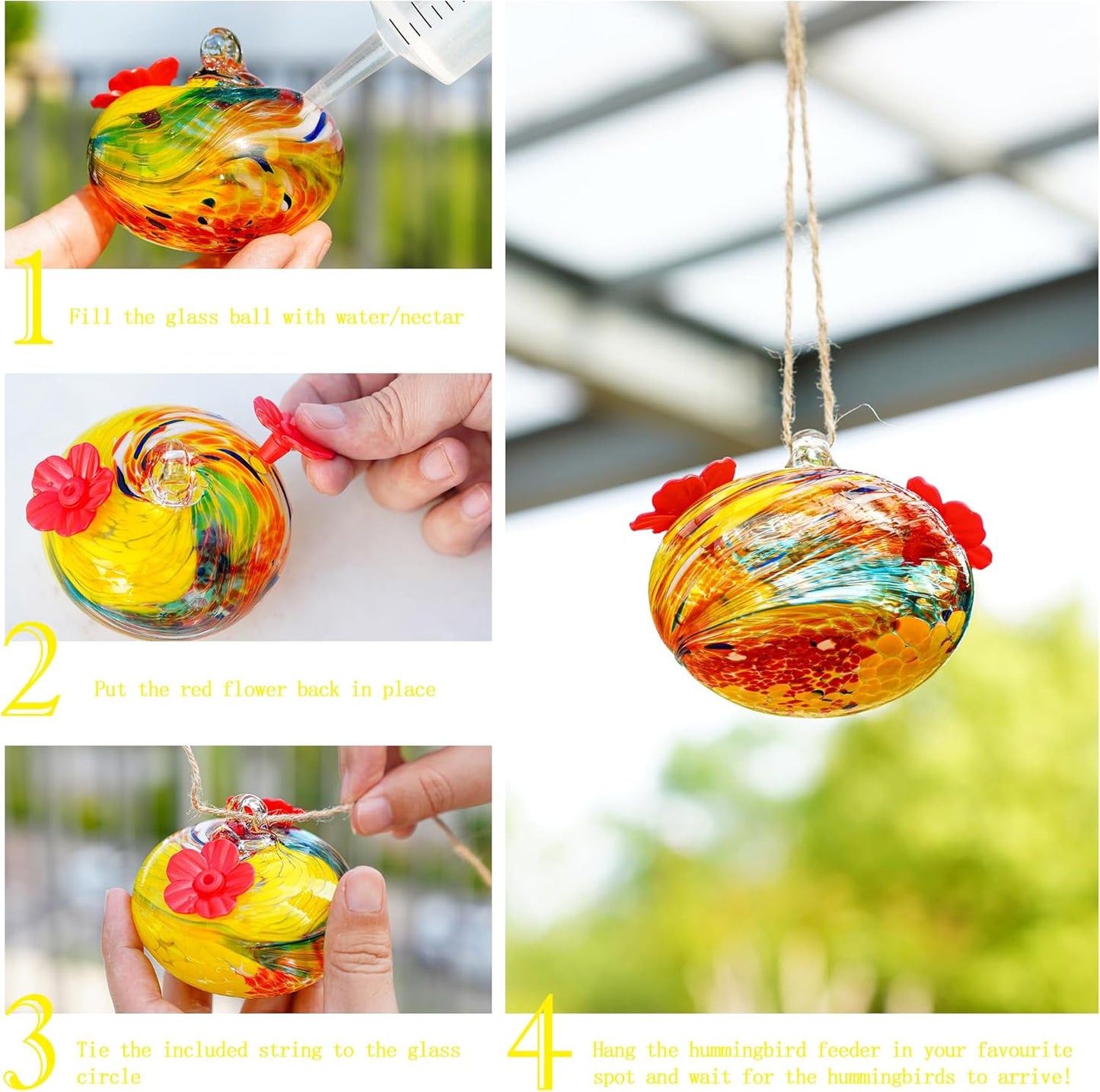 3inch Hand Blown Glass Hummingbird Feeders for Outdoors with 2 Feeding Ports Leak Proof Small Glass Humming Bird Feeder for Window Garden Patio Decoration