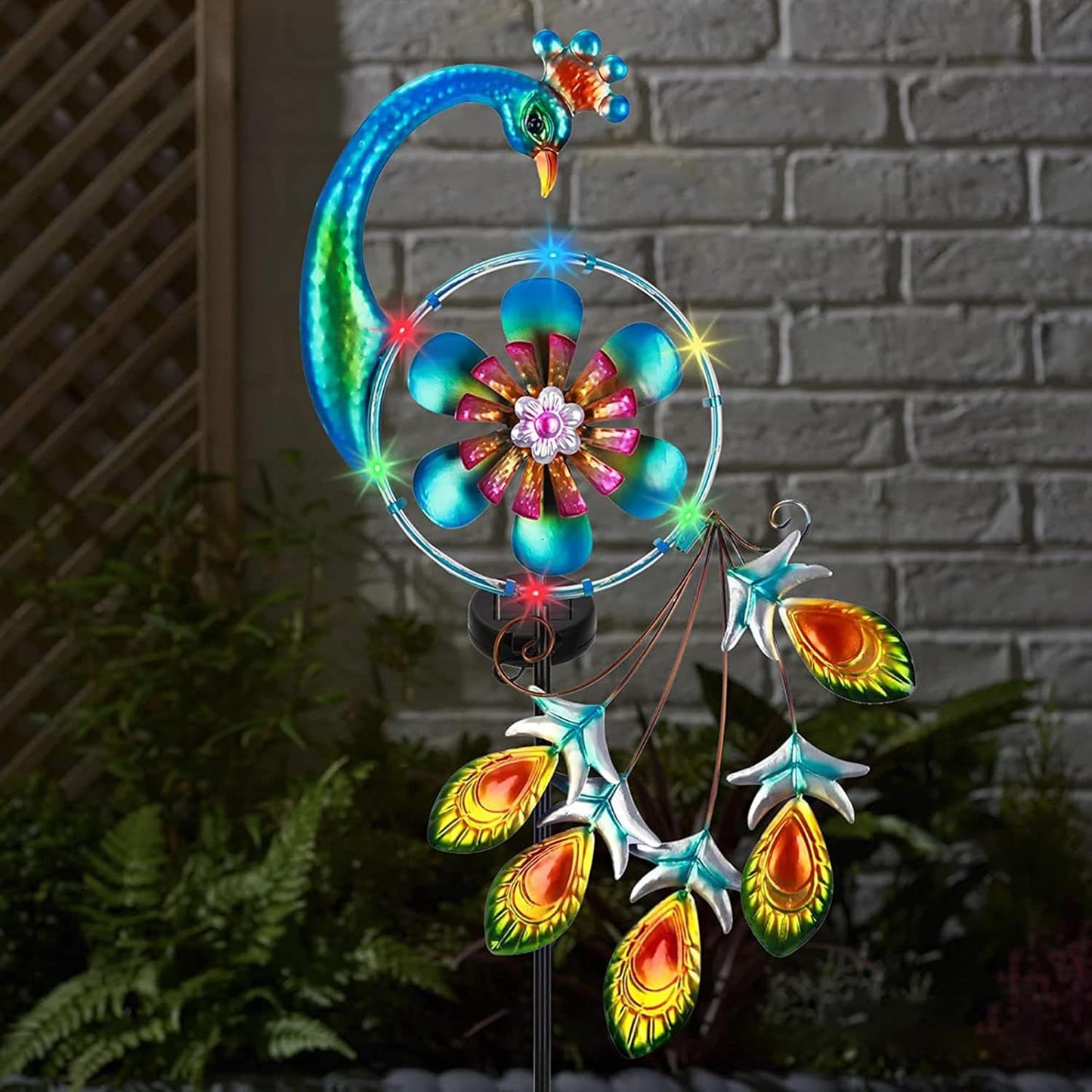 Wind Spinners Outdoor for Yard and Garden - Wind Sculptures & Spinners - 41 Inch Wind Spinner with Solar Powered Multi-Color Light for Yard Garden Backyard Lawn Peacock Decorations