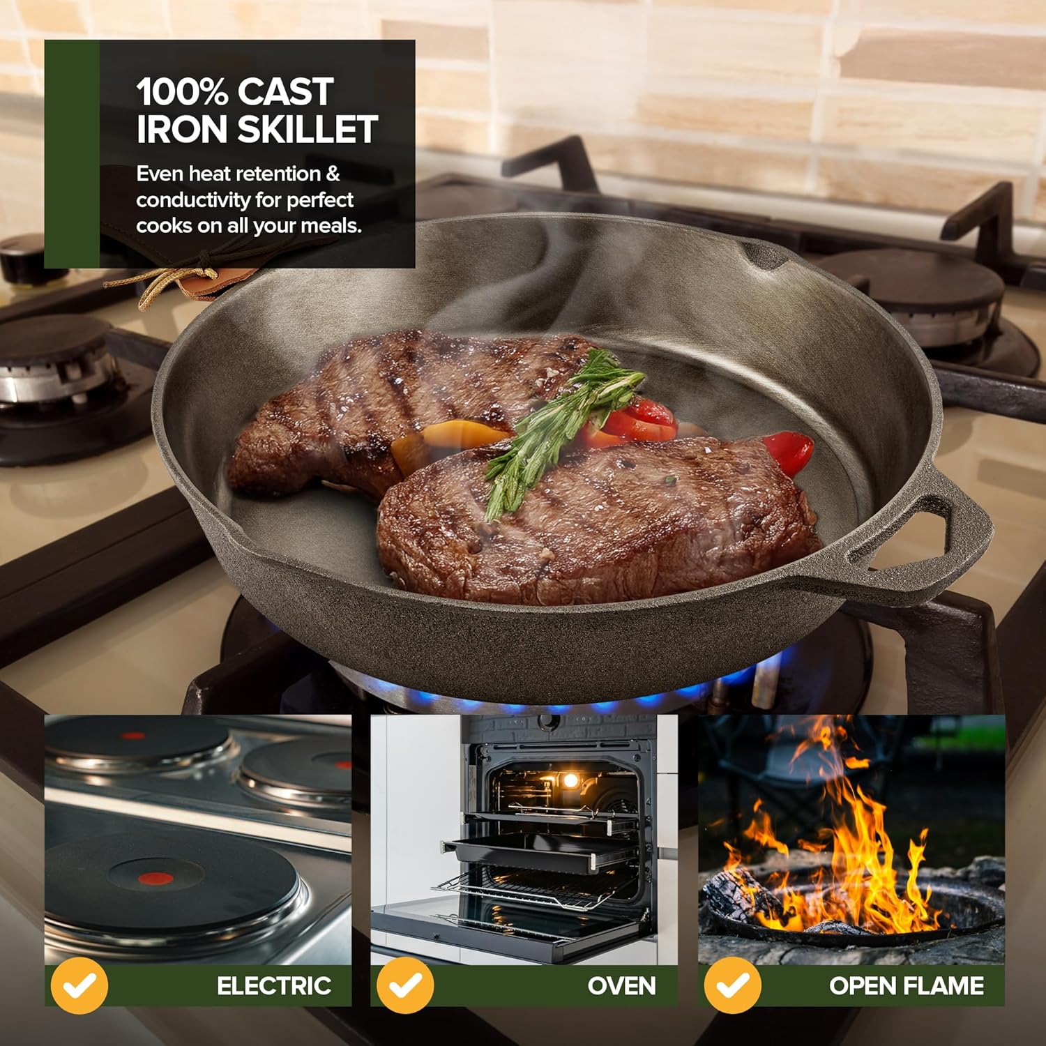 Modern Innovations 10 Inch Cast Iron Skillet, Pre-Seasoned Smooth Poli