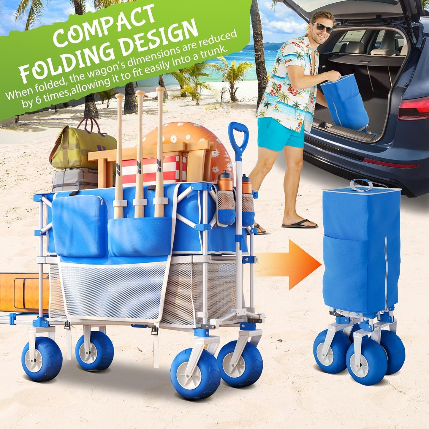 Beach Wagon with Big Wheels for Sand,Heavy Duty Double Decker Wagon with Extender,385L Extra Large Foldable Wagon Cart with 9" All Terrain Inflatable Tires,for Beach Camping Garden and Sports, Blue