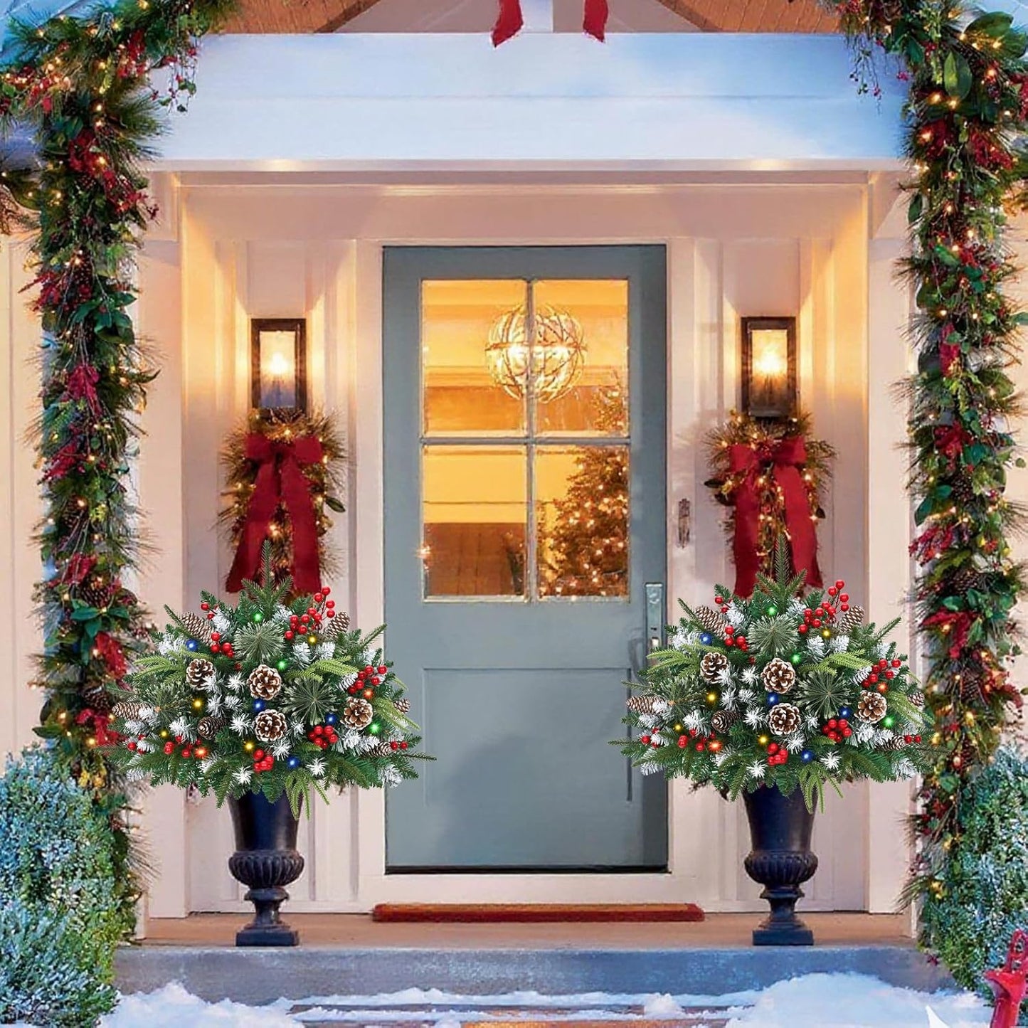 Waipfaru 2 Pack Prelit Planter Bushes, Outdoor Christmas Urn Filler with Lights, 22 Inch Artificial Christmas Tree for Front Porch, Pot, Holiday Planter Filler Outdoor