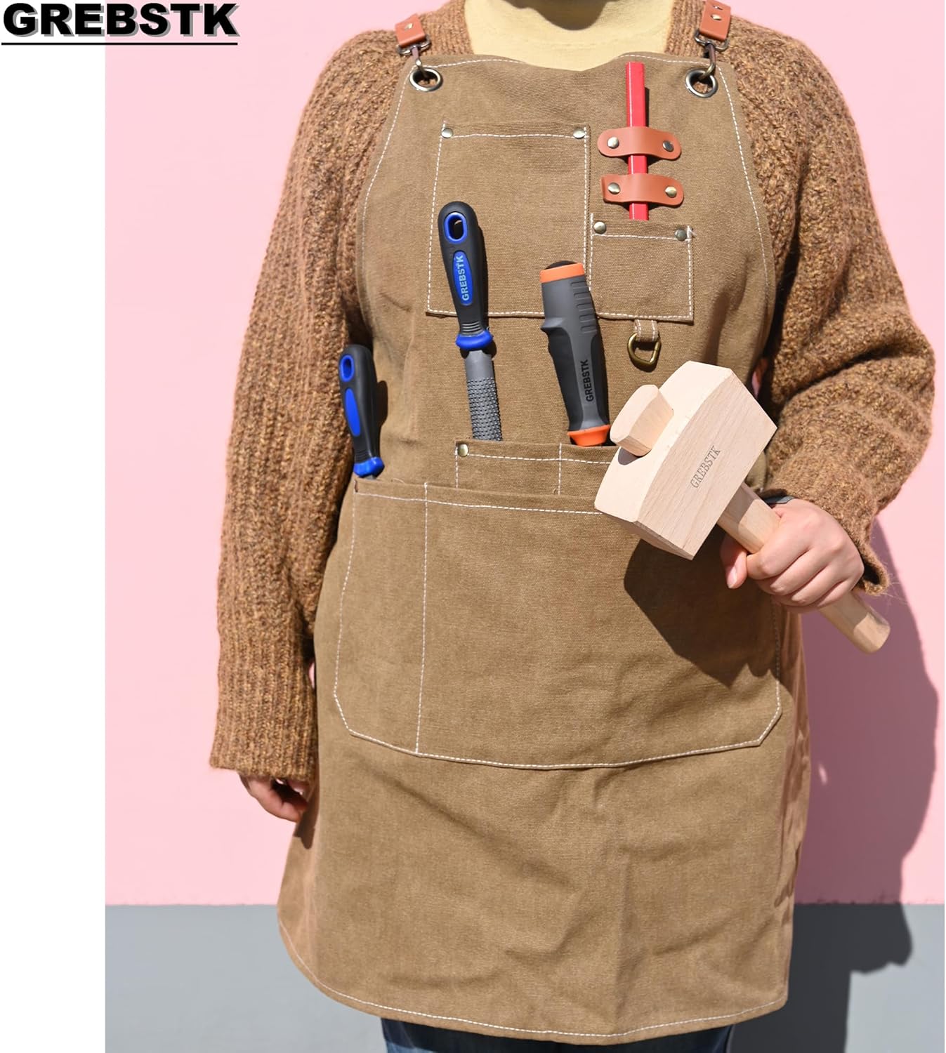 GREBSTK Work Apron Cross Back Adjustable Canvas Tool Apron for Woodwor