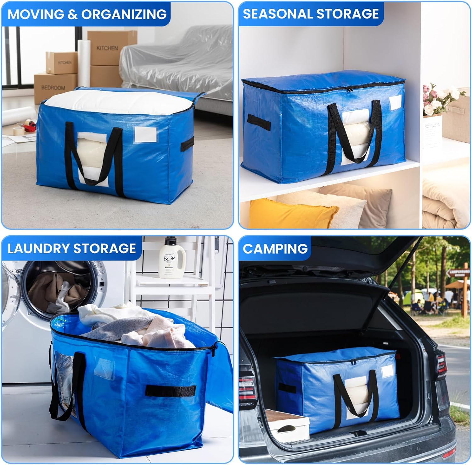 TAILI Extra Large Moving Bags, 4 Pack Blue Heavy Duty Totes For Storag