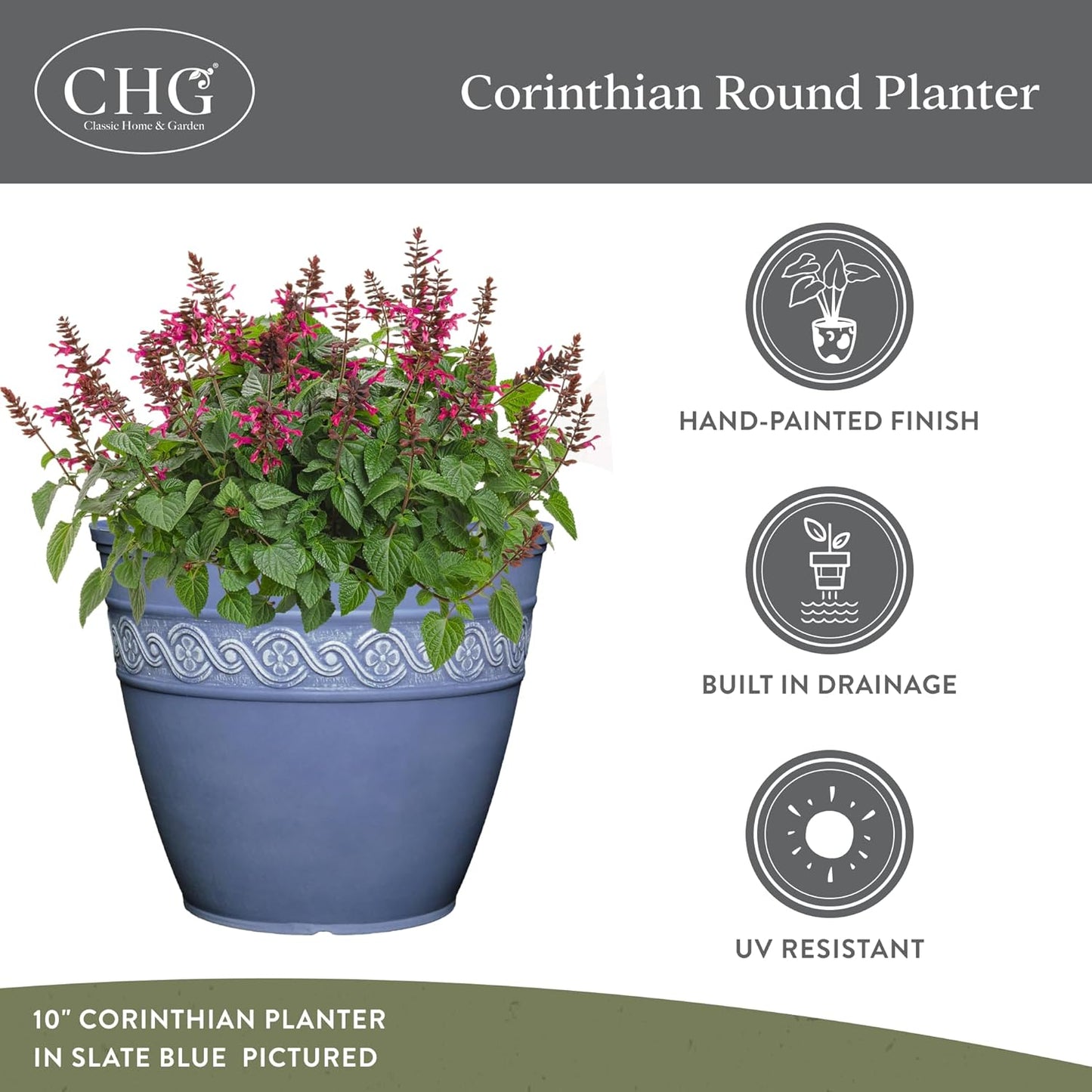 Classic Home and Garden Corinthian Resin Planter Pot - Outdoor & Indoo