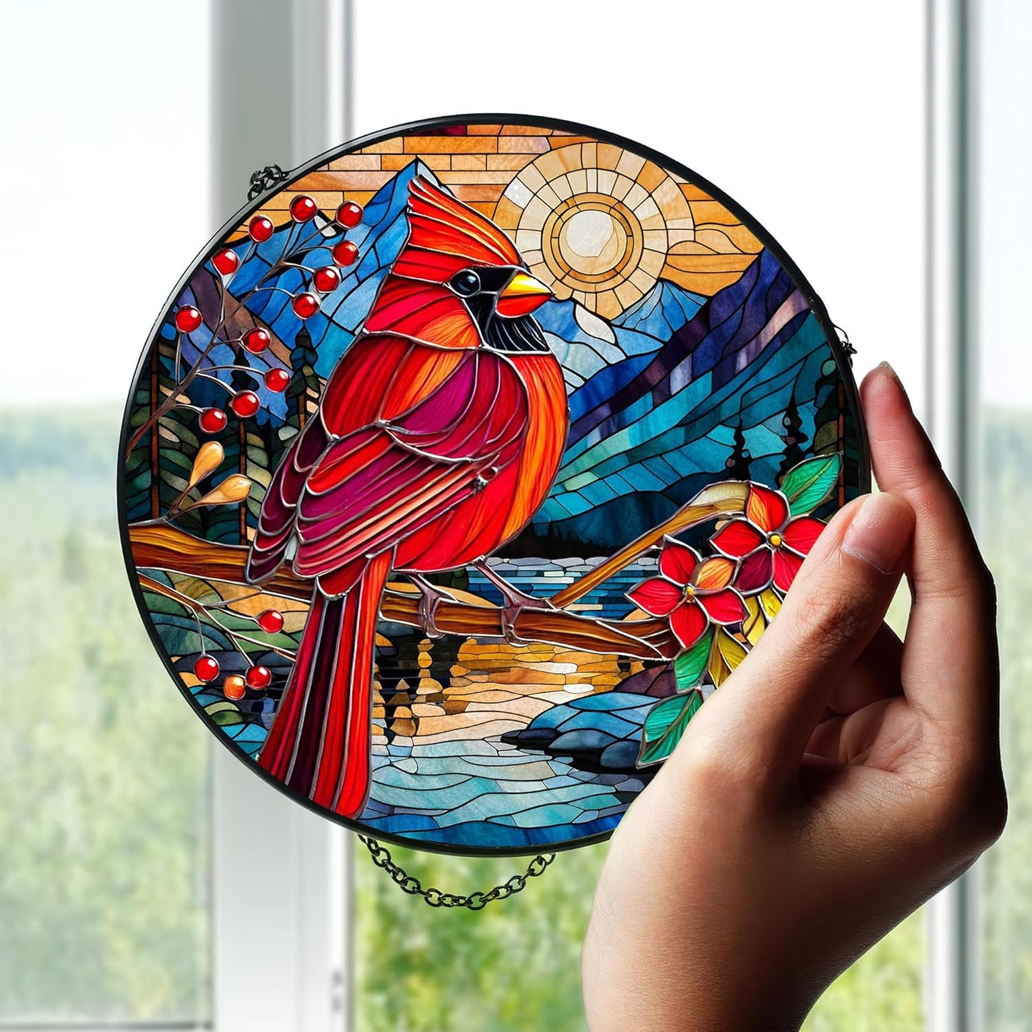 7.8'' Cardinal Suncatcher Stained Glass Window Hanging Memory Ornament Suncatchers Christmas Mothers Fathers Day Remembrance Sympathy Memorial Gifts for Loss of Loved One Mom Father Grandma