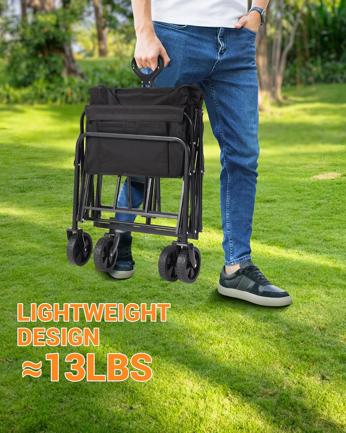 Wagon Cart Heavy-Duty 360LBS Foldable，All-Terrain Collapsible Utility Cart with 360° Wheels & Drink Holders for Beach, Camping, Gardening, Grocery (Black)