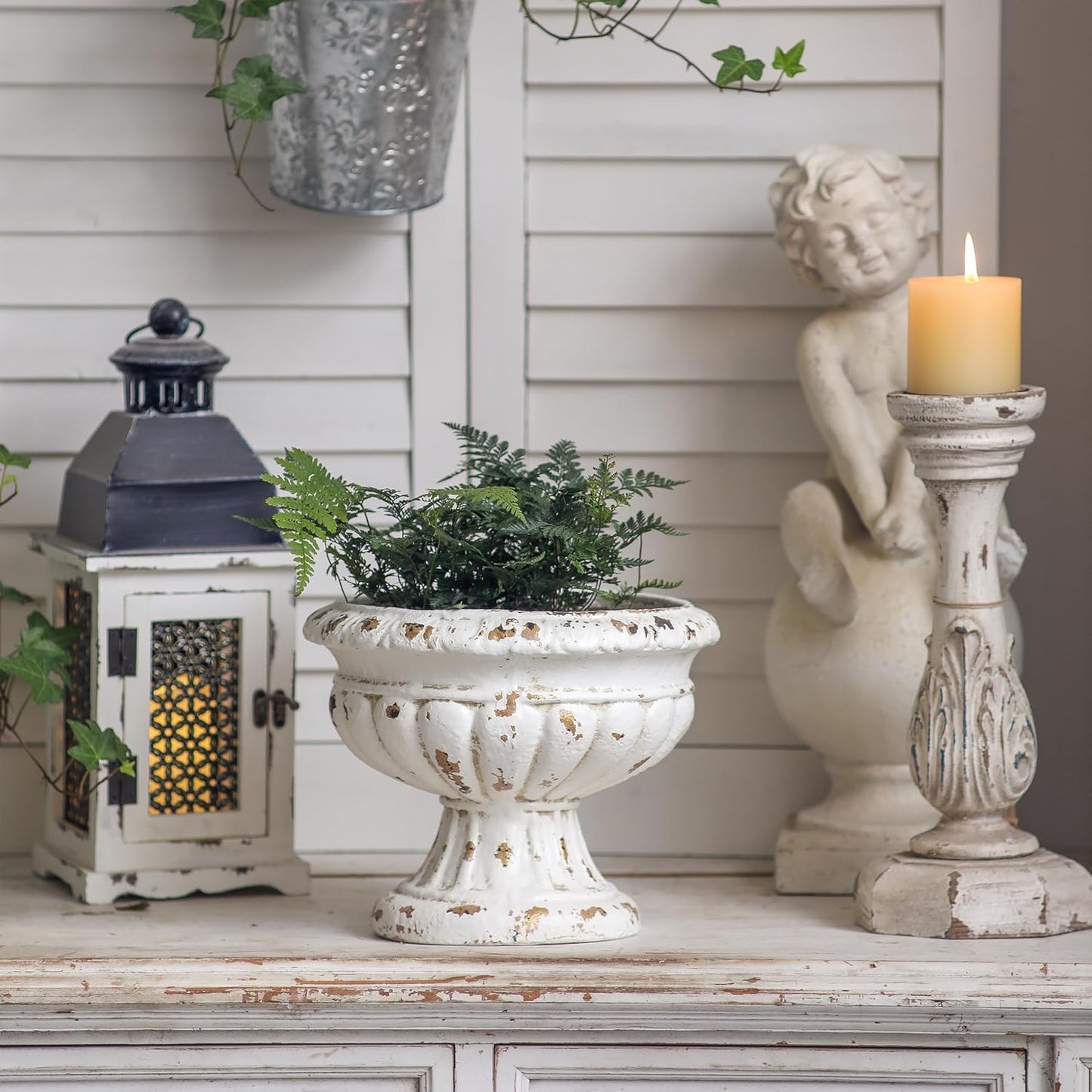 SOFE Vintage Large Pedestal Vase, 11 Inches Tall Front Porch Garden Planters, Resin Compote Vase, Distressed White Flower Pot, French Country Home Decor