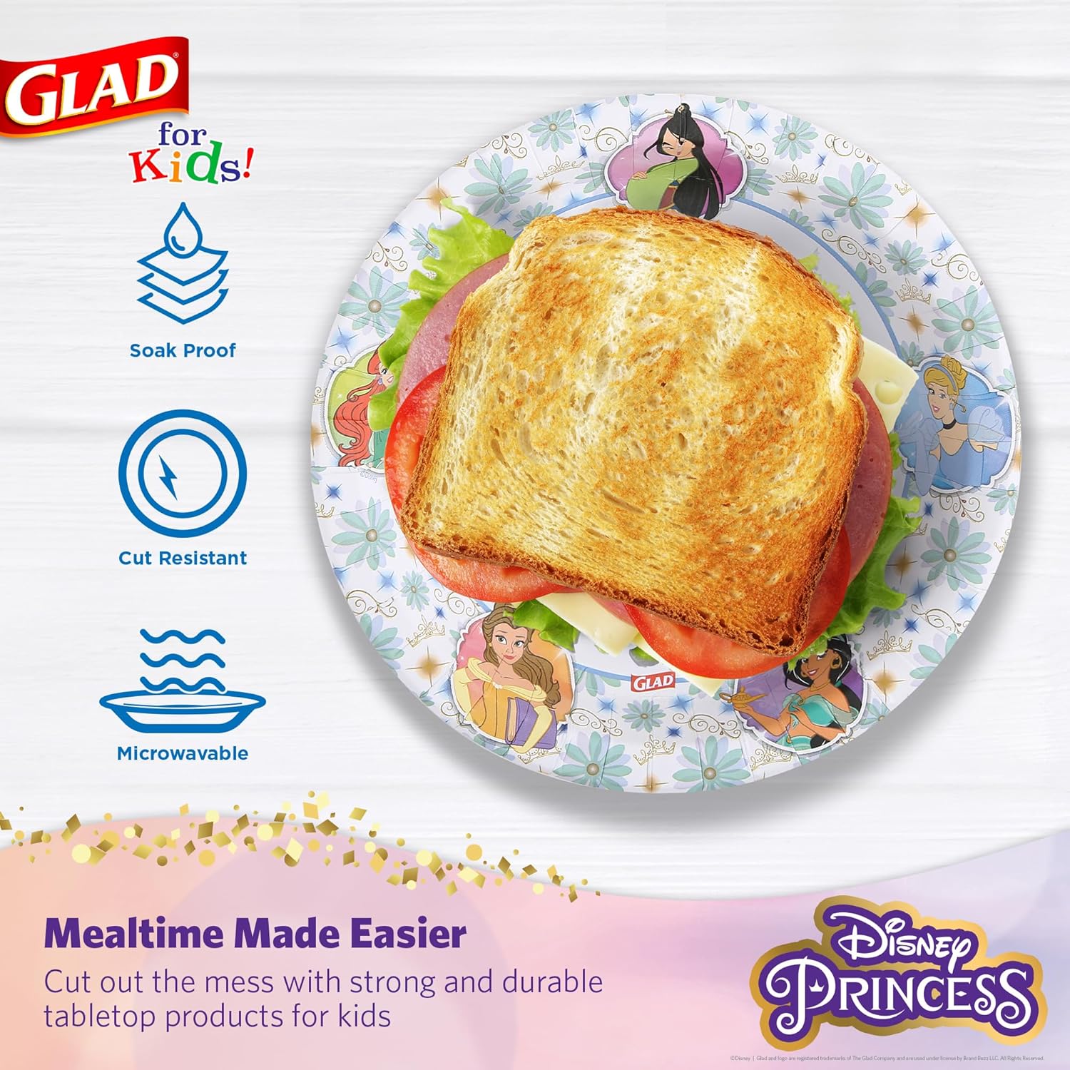 Glad Disney Princess Kids Paper Plates, Heavy Duty Soak Proof and Micr