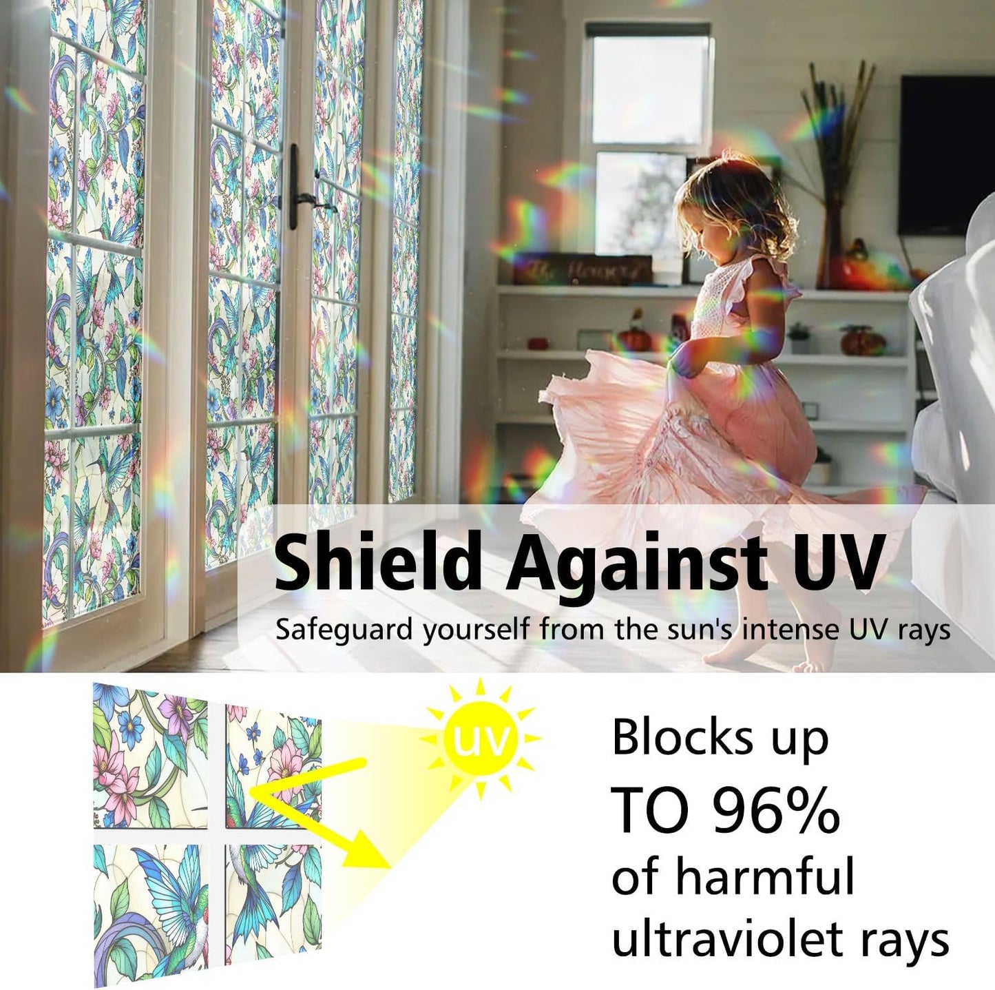 2PCS 17.7x39.4inch Hummingbird Stained Glass Window Film, Hummingbird Stained Glass Window Film for Bathroom Door Heat Anti UV