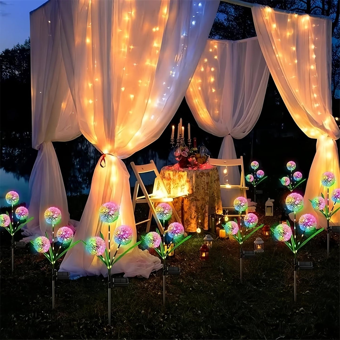 Dandelion Solar Garden Lights, 3-Head 2-Pack - Upgraded Outdoor Flower Lights, Color-Changing Waterproof Solar Outdoor Lights, Suitable for Pathways, Gardens, patios, backyards, Parties (Colored)