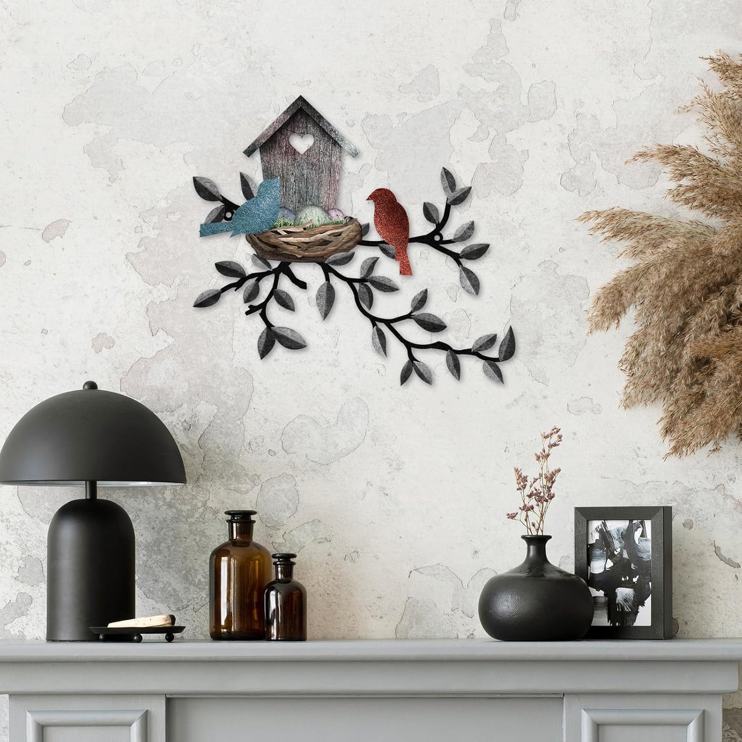 Birds Wall Metal Decor Outdoor Art Hanging Metal Tree with Birdhouse for Living Room Tree Leaf Wall Decor for Indoor Outside Garden, 10.6 x 12 Inches