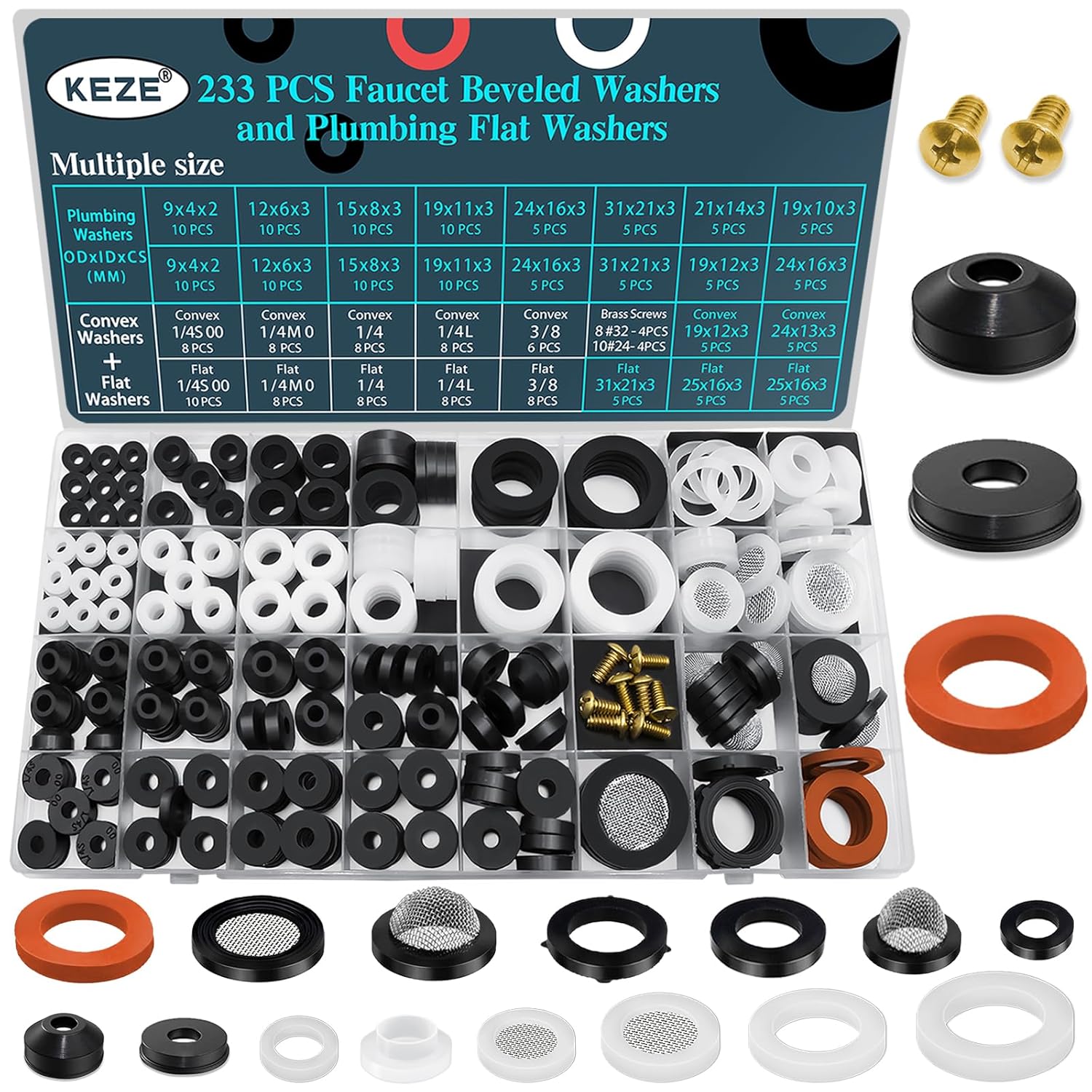 KEZE 233 Pcs Plumbing and Faucet Washers Assortment Kit for Assorted S