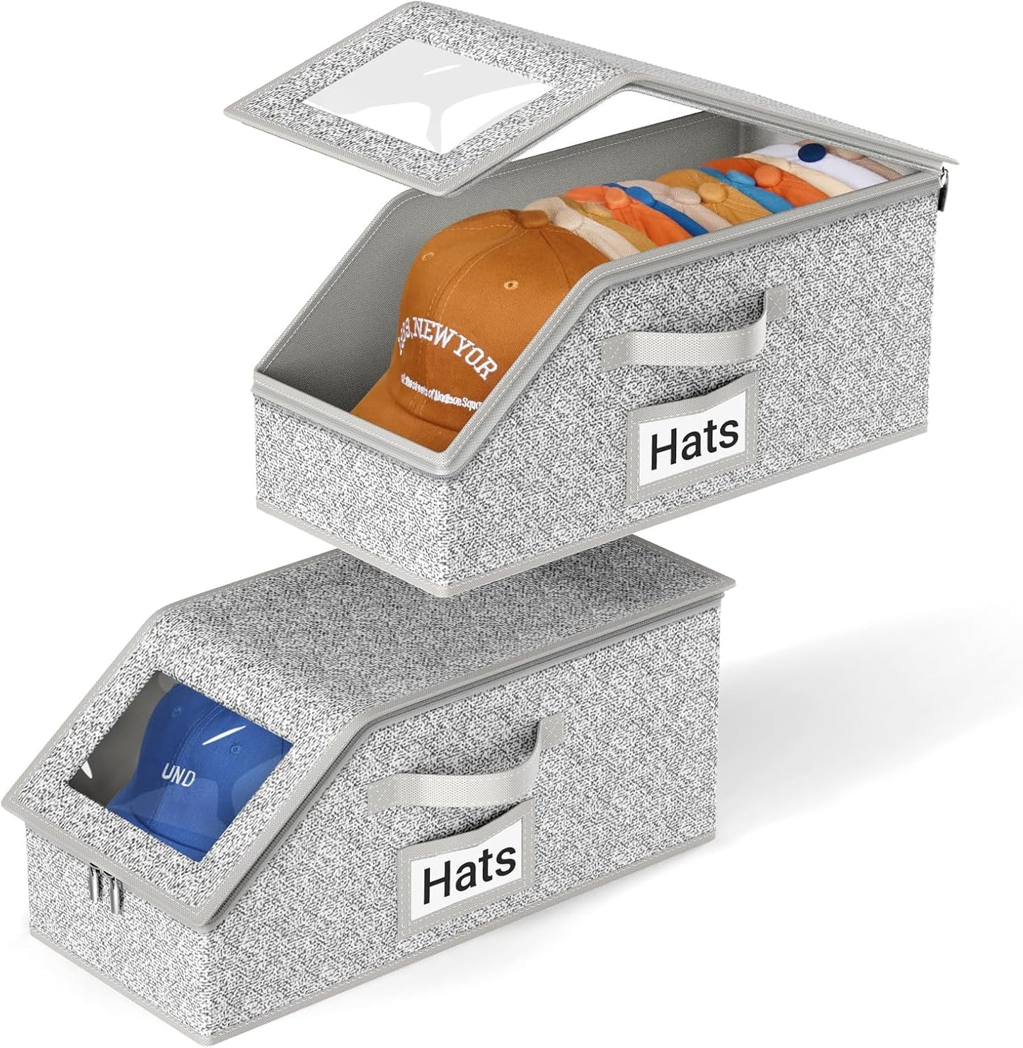 AOODA 2 PCS Stackable Hat Storage for Baseball Caps, Holds up to 24 Caps Hat Organizer for Closet, Sturdy Snapback Boxes for Men with Cardboard, Grey