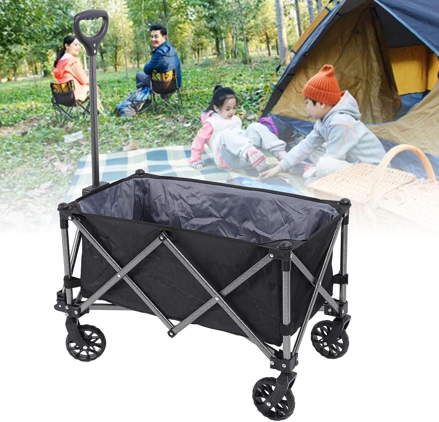 Utility Grocery Wagon, Outdoor Utility Cart, 100L Polyester Steel Folding Wagon Beach Cart with Wheels for Sports Shopping Camping Fishing