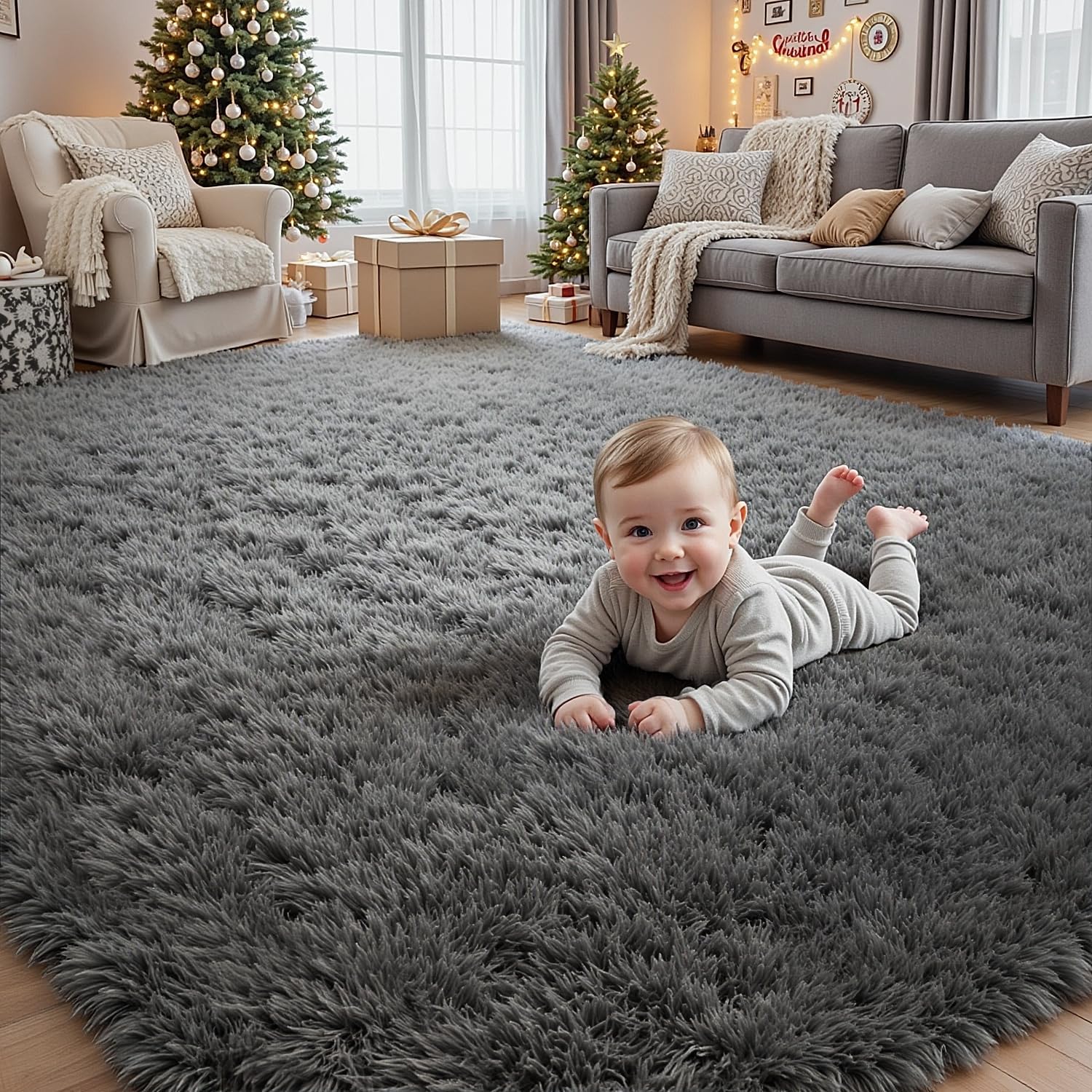 8x10 Area Rugs for Living Room: Ultra Soft Fluffy Shag Grey Rugs for B