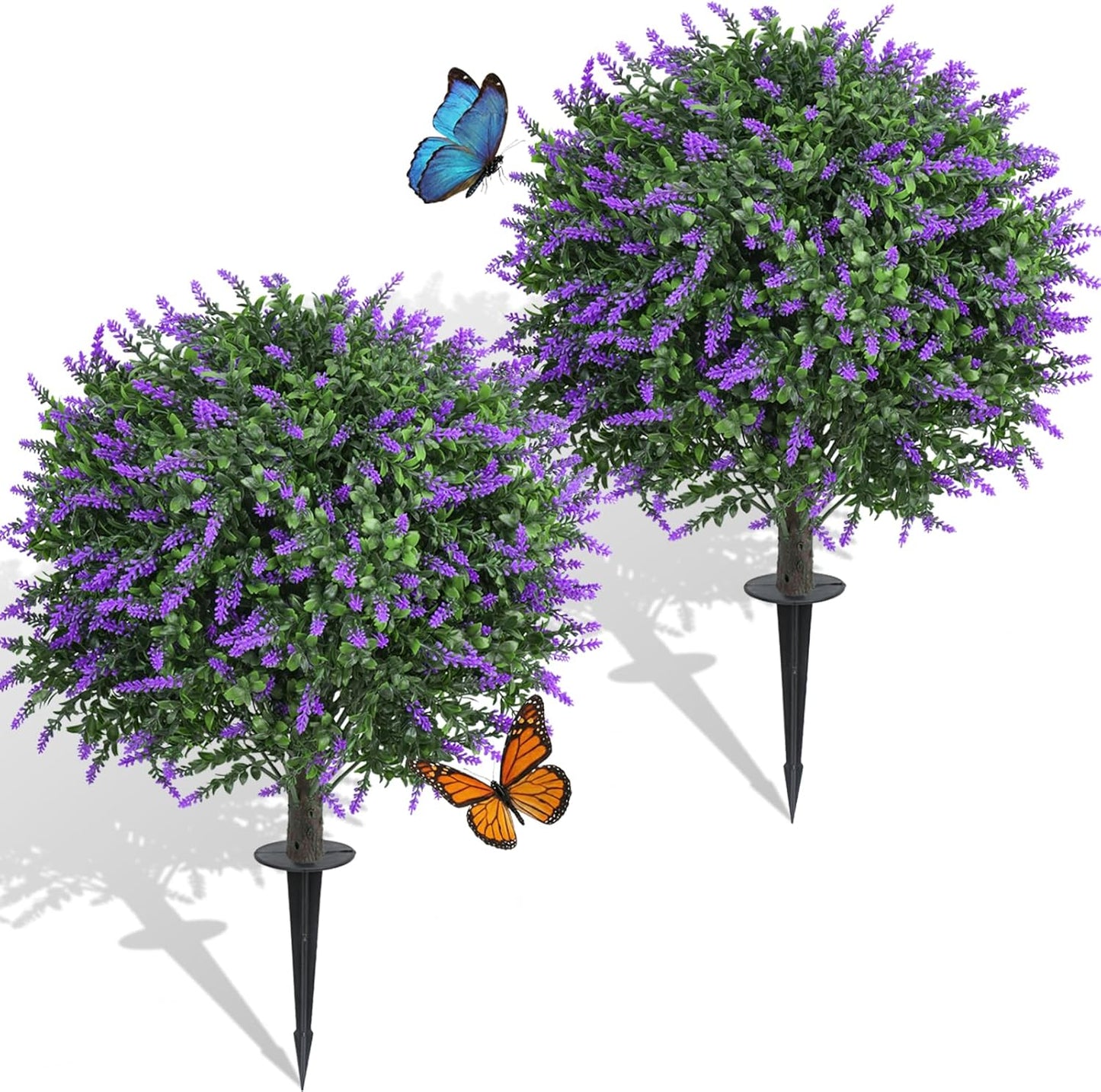 Dense Foliage Artificial Lavender Topiary Ball Trees 24 Inch, 2 Pack UV Resistant Fake Plants with Ground Spike, Outdoor Faux Shrubs for Garden, Patio, Porch, Yard Decor