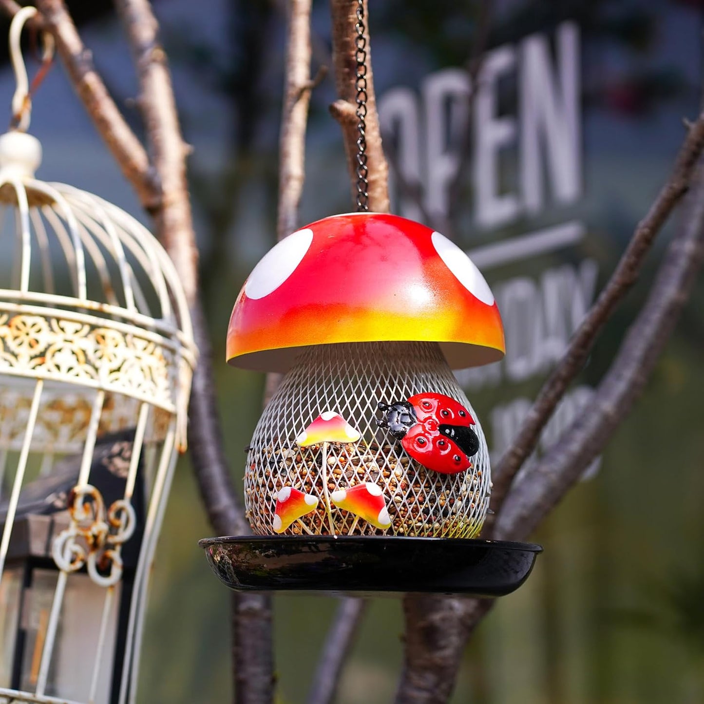 Mushroom & Ladybug Metal Bird Feeder - 16" Hanging Wild Bird Feeder with Decorative Accents, Large Capacity Outdoor Birdfeeder for Cardinals and Songbirds, Perfect Garden Gift
