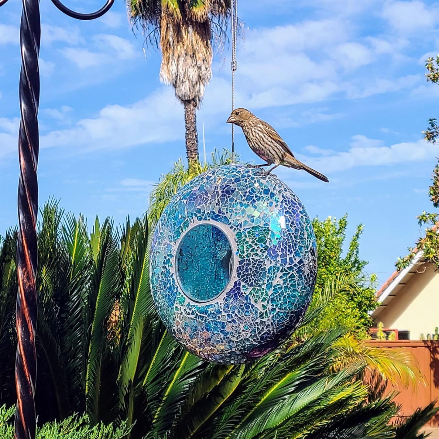 Topadorn Bird Feeder Fly Through Mosaic Round Stained-Glass Birdfeeder, Outdoor Hanging Blue Wild Bird Feeder for Garden Decoration Gift, 9''L