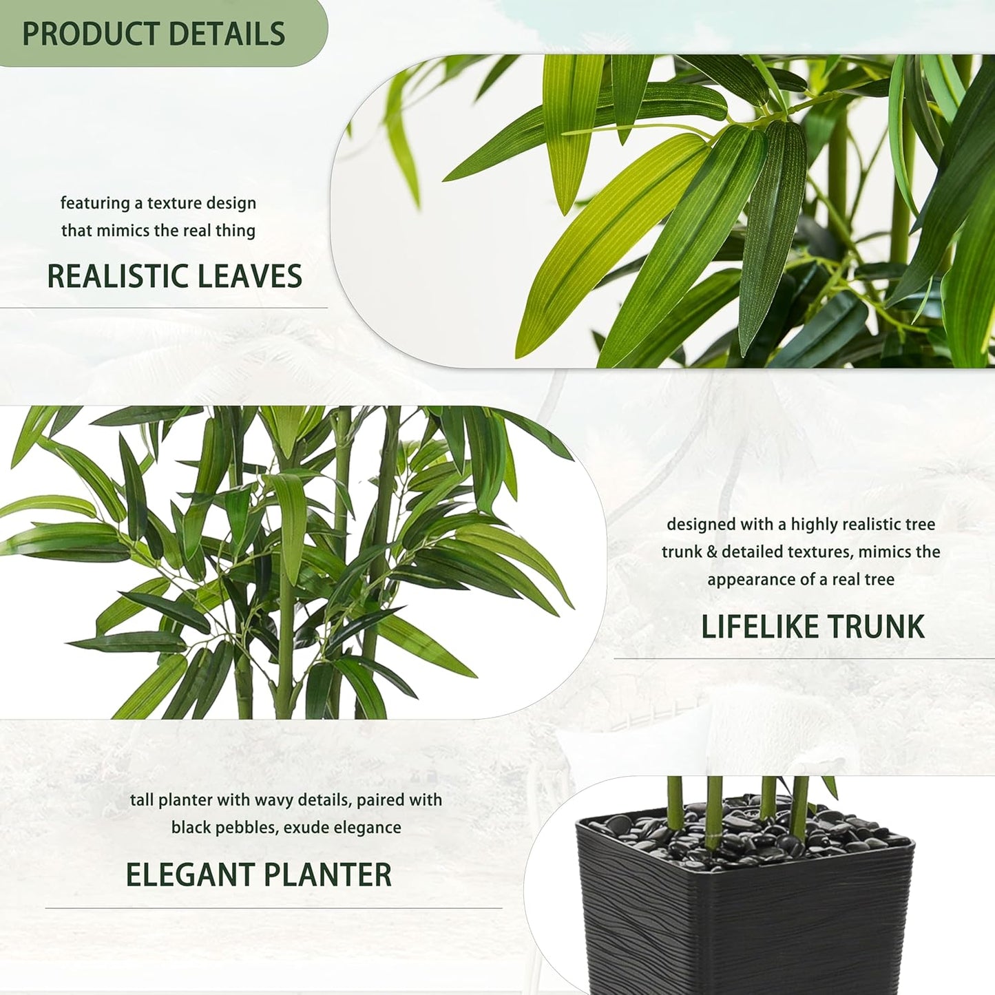 Artificial Bamboo Tree, 6FT Fake Plants Faux Bamboo Plant with Black Square Planter, Artificial Trees Faux Silk Plant with 3 Trunks & Green Lush Leaves for Home Office Indoor Outdoor Decor