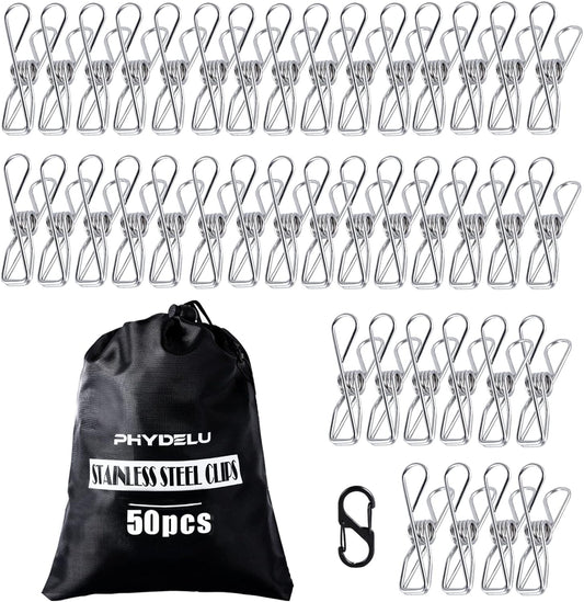 (50PCS) Stainless Steel Laundry Clothes Pins Heavy Duty Outdoor, Clothespins for Hanging Clothes, Metal Clips, Metal Snack Bag Chip Clips for Food Packages, Mini Clothes pins