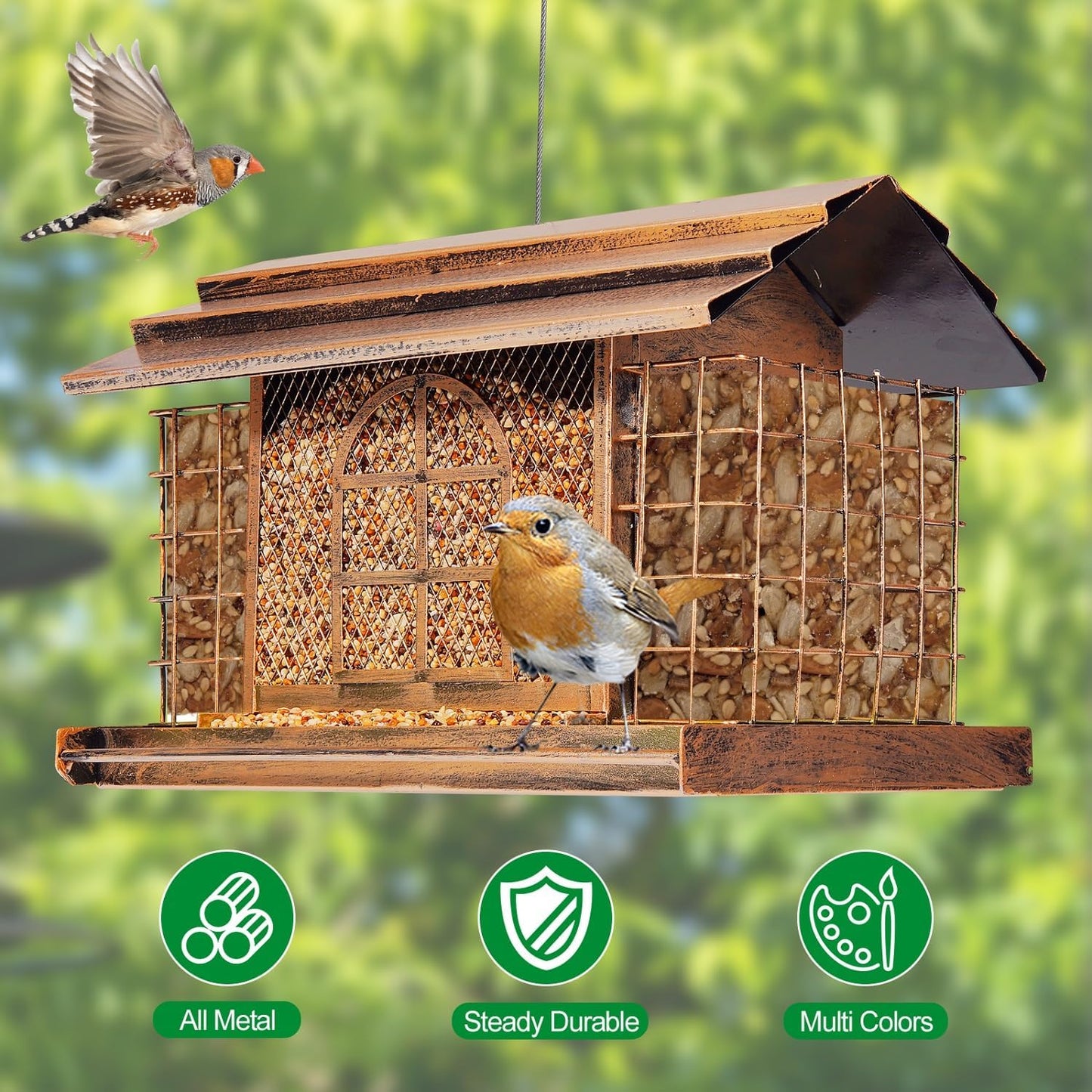 Bird Feeder for Outdoors, Metal Bird Feeder Hanging, 3.8LB Large Capacity with Double Suet Cages, Rainproof Roof, Attracts Cardinals, Finches, Blue Jays, for Backyard & Garden