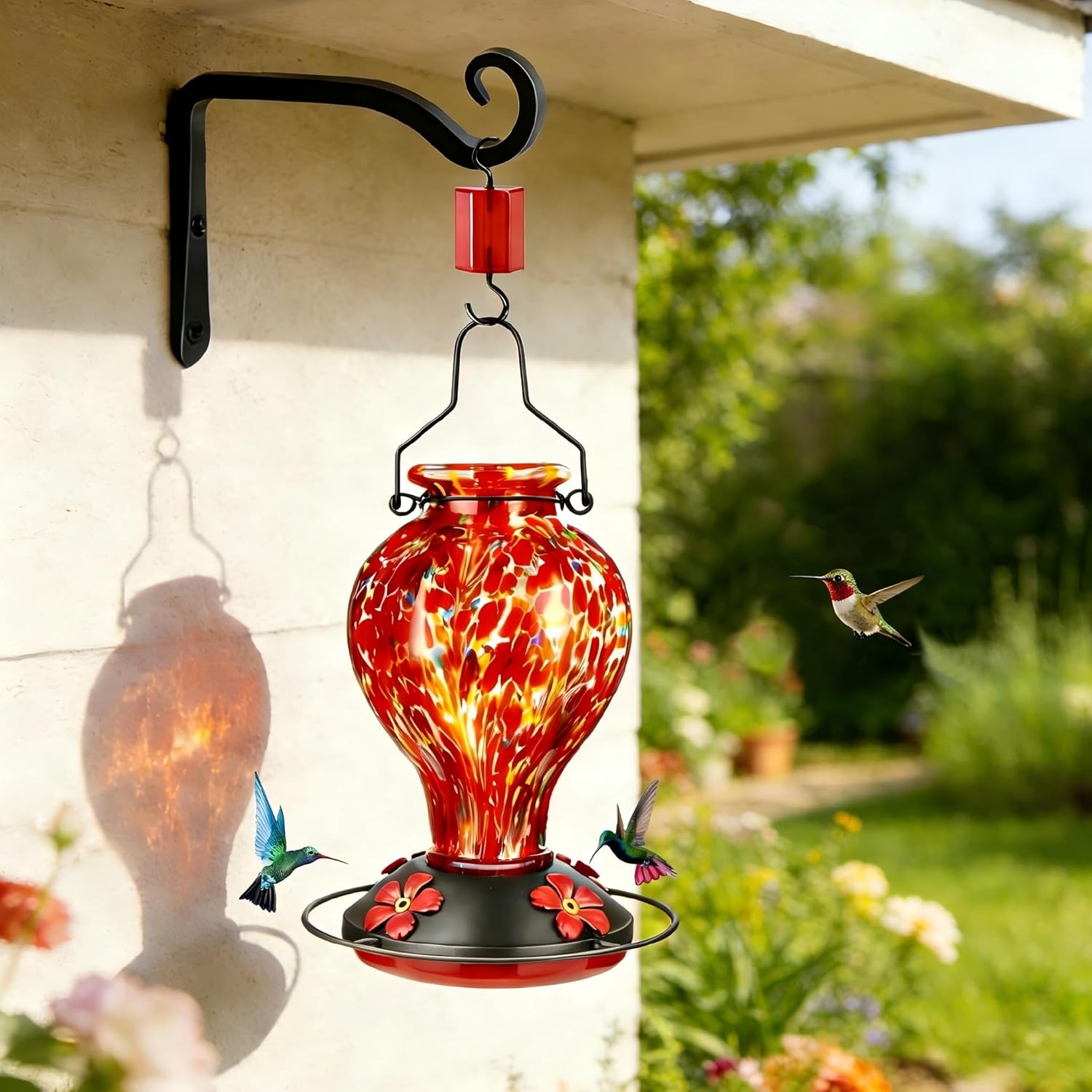 Hand Blown Glass Hummingbird Feeders for Outdoors Hanging, 24oz Wild B