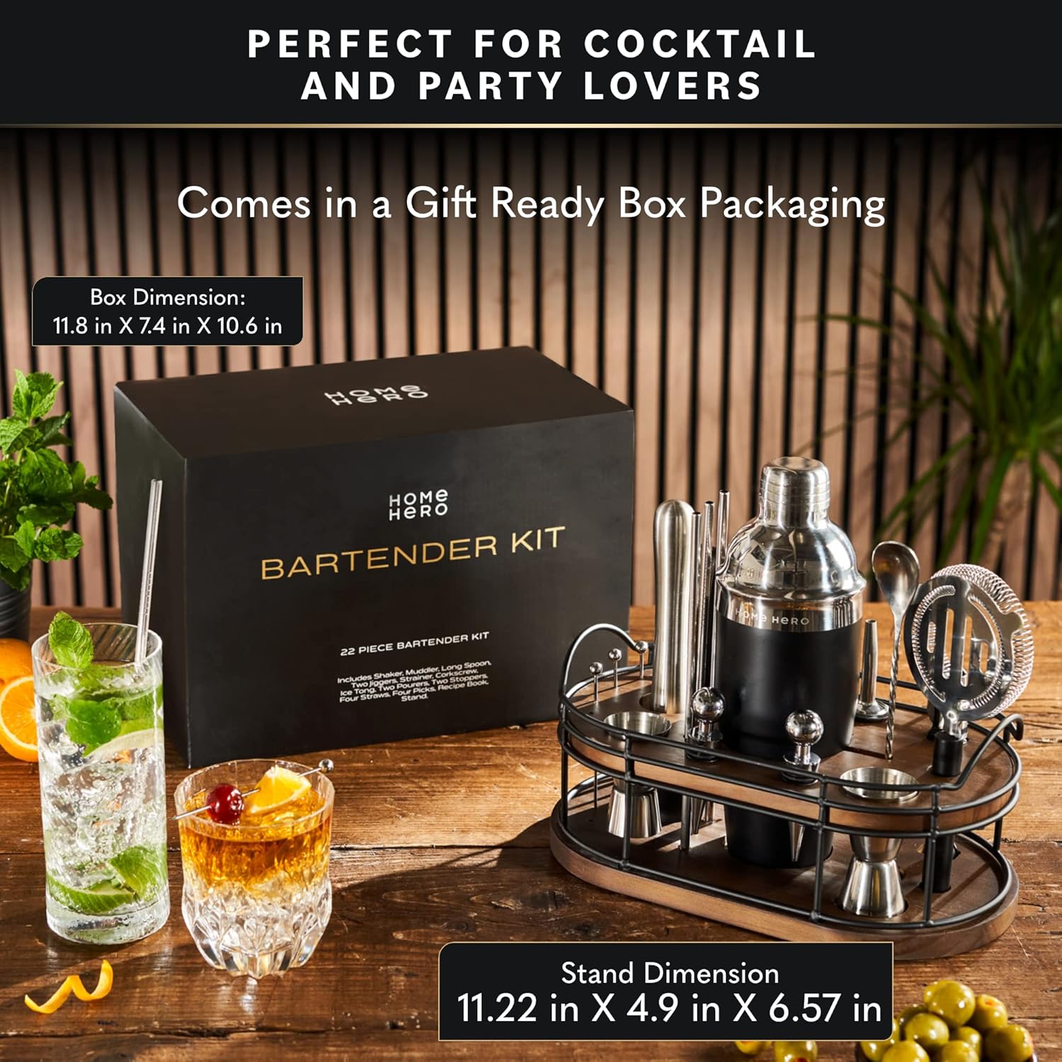 Home Hero Bartender Kit - 22-Piece Cocktail Shaker & Bar Tool Set - Wo