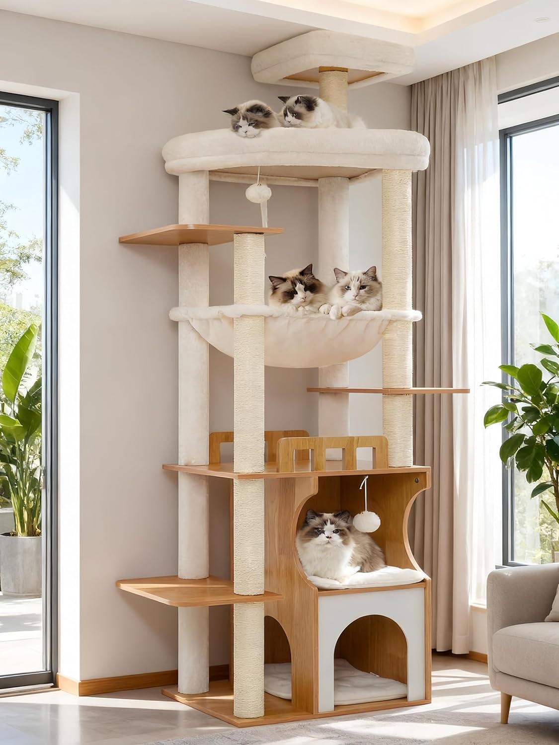 Cat Tree, 70.9 Inch Wood Cat Tower for Large Cats Adult, Modern Cat Fu