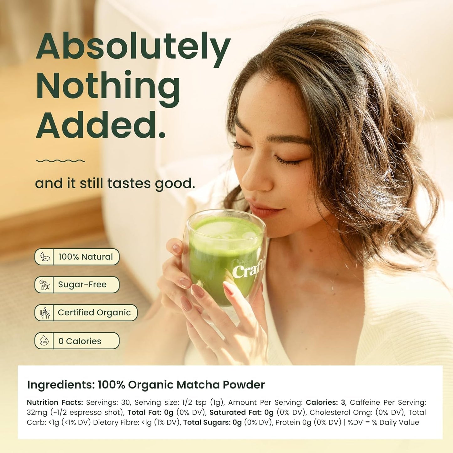 Crafti Ceremonial Grade Matcha Powder (Organic) - Unsweetened Authentic Japanese Daily Matcha Green Tea Powder from Uji, Kyoto for Barista-Grade Lattes (30g / 1.06oz)