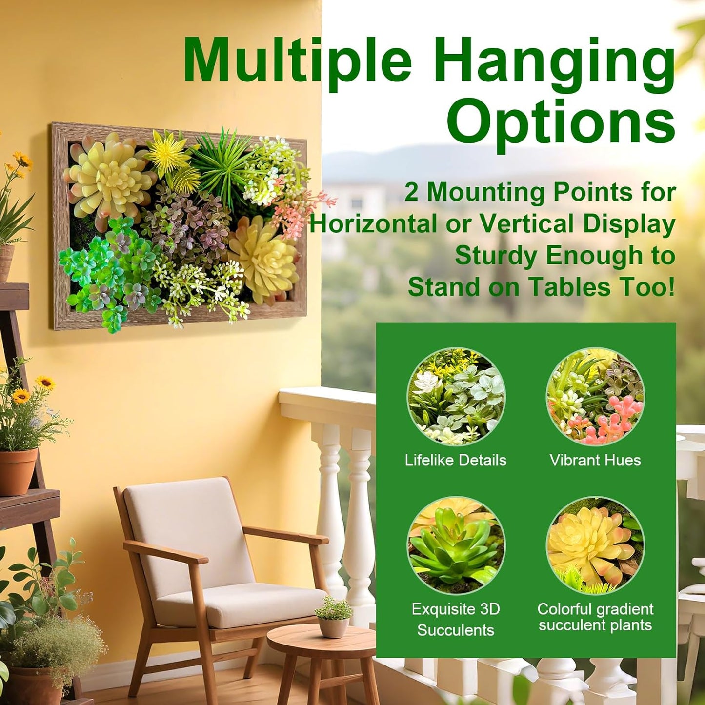 3D Artificial Succulent Floral Framed Faux Succulents Desk Plants for Table and Hanging Wall Decor for Room Decoration Background Living Outdoor(8x12 inch)