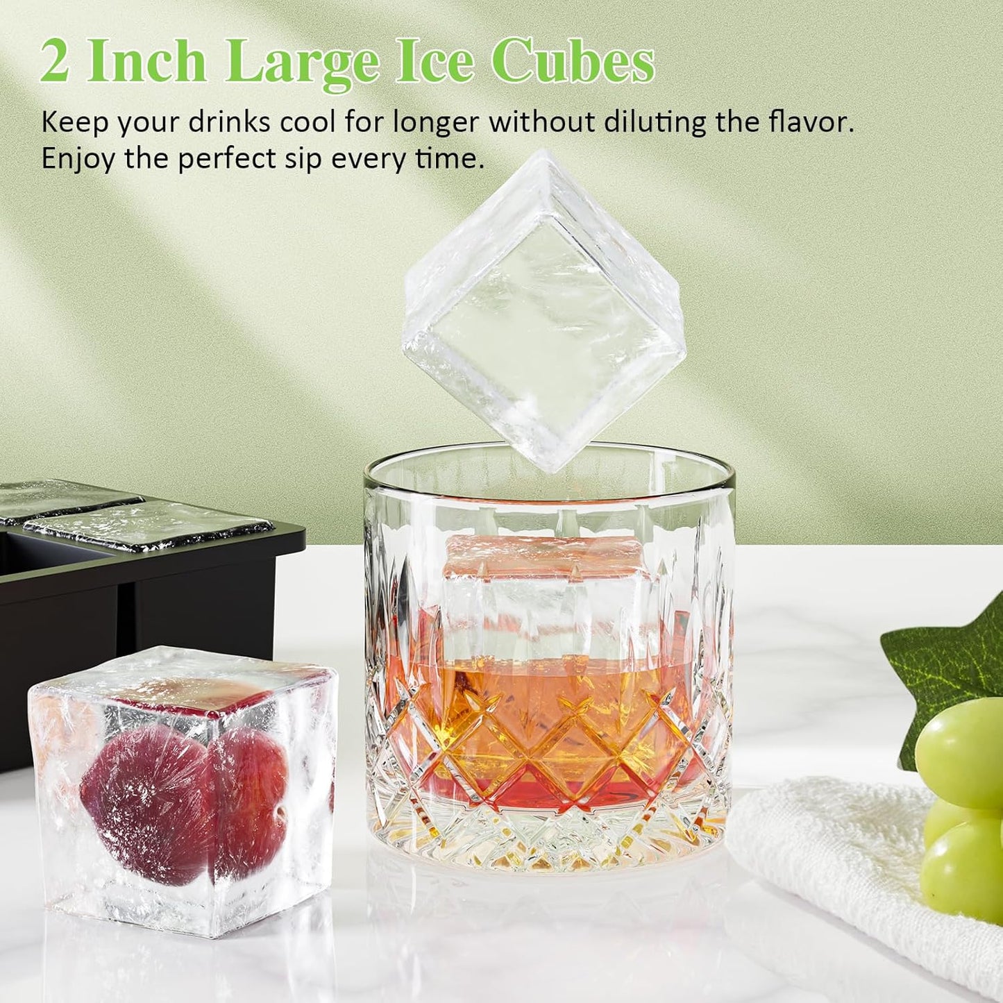 Large Ice Cube Tray for Whiskey: 2" Big Silicone Ice Tray with Lid for