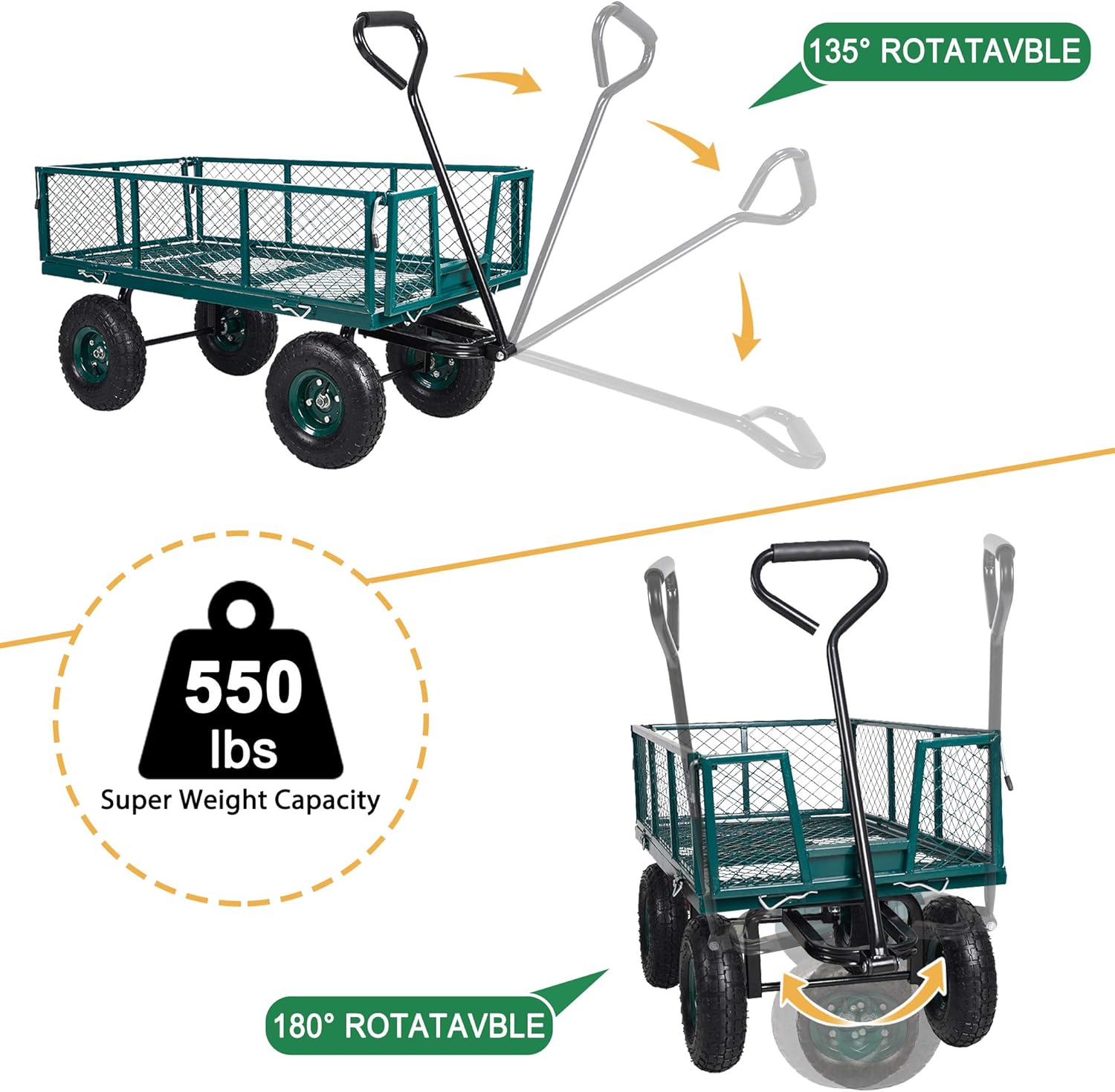 Heavy Duty Steel Garden Cart with Removable Sides, 550 lbs Capacity Ut