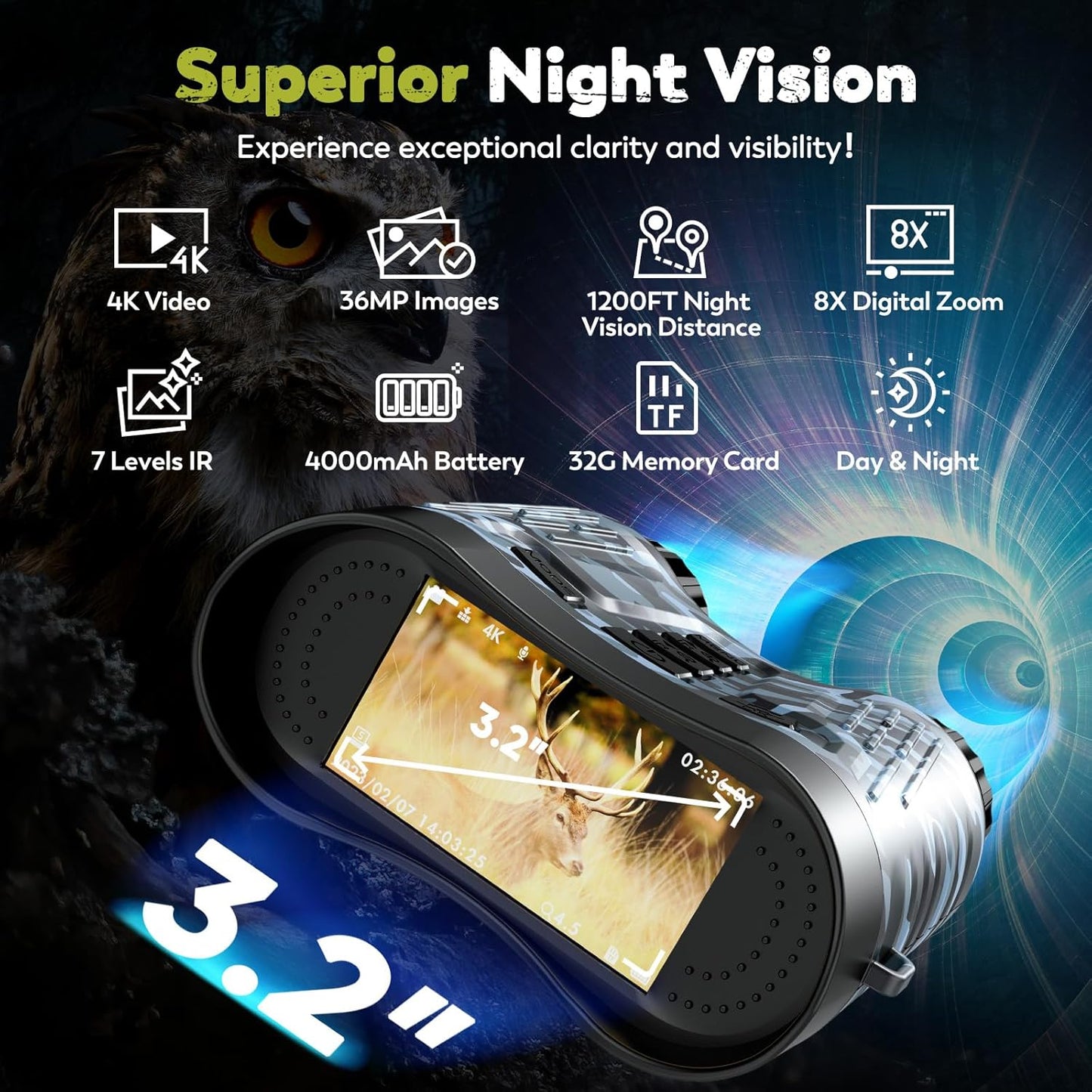Night Vision Goggles, 4K Night Vision Binoculars 3.2" HD Display and 32GB TF Card, can Store Photo and Video, 7 Gear Night Vision, 8X Digital Zoom for Outdoor Enthusiasts and Wildlife Watching