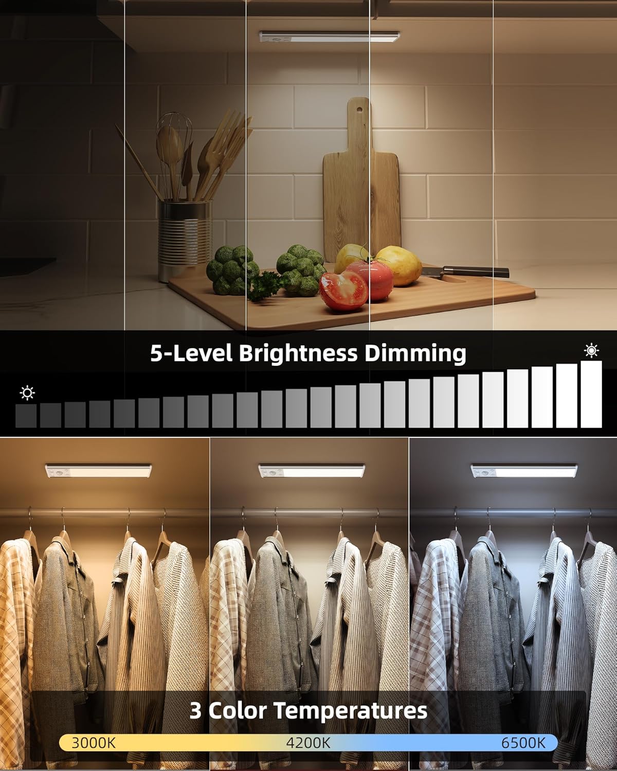 EZVALO Under Cabinet Lighting, 2400mAh Rechargeable Motion Sensor Light Indoor, 3 Color Temps, 5-Level Dimmable Magnetic Wireless Closet Lights for Kitchen, Pantry, Stairs (2 Pack)